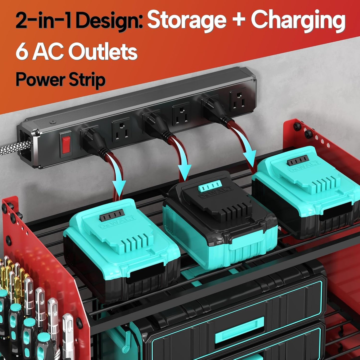 3 Layer Heavy Duty Power Tool Organizer Wall Mount with Charging Station, Adjustable Metal Storage Rack, 6 Outlets Power Strip, Drill Holders, Hooks & Drill Bit Rack for Garage, Workshop, Red