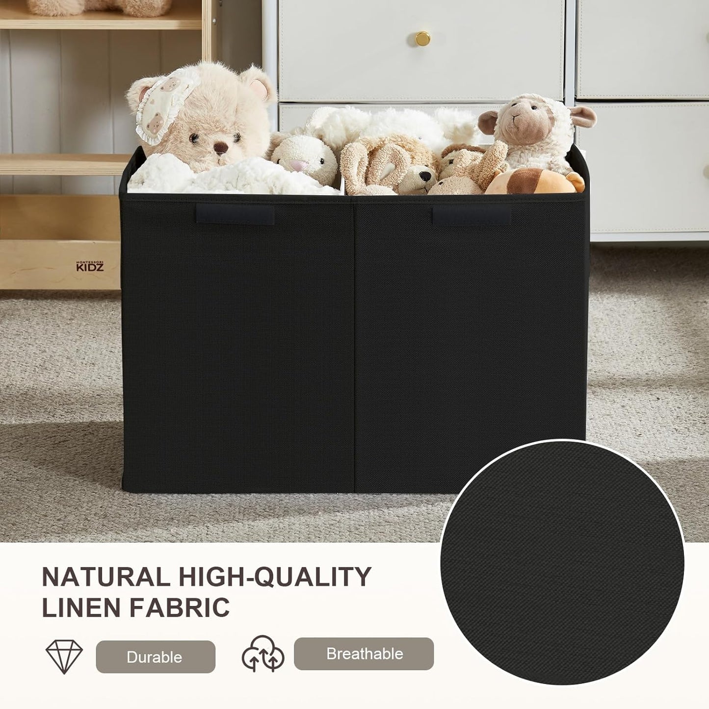 Large Toy Box with Flip-Top Lid, Collapsible Storage Organizer Bins with Dividers and Handles, Kids Bin Chest Baskets for Toys, Playroom Organizers, Nursery 25"x13" x16" (Black)
