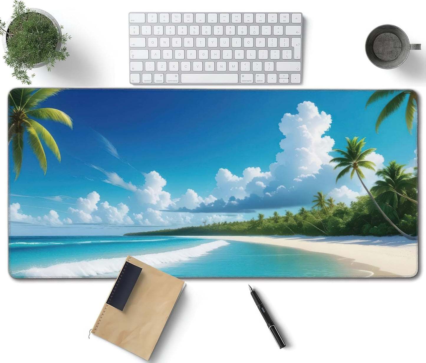 Tropical Beach Large Mouse Pad, Vintage Aesthetic Gaming Desk Mat, XXL Keyboard Desk Pad Mat for Desktop, 35.4"x15.7" Non-Slip Base Big Mousepad with Stitched Edges