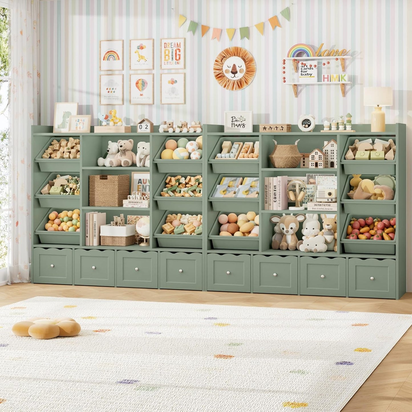 HITHOS 55" W Kids Toy Storage Organizer, Large Toy Box with Bookshelf, Toy Chest with 3 Cubes Storage Organizer, 6 Toy Organizers and Storage Bins, 4 Rolling Drawers for Kids Room, Playroom, Green