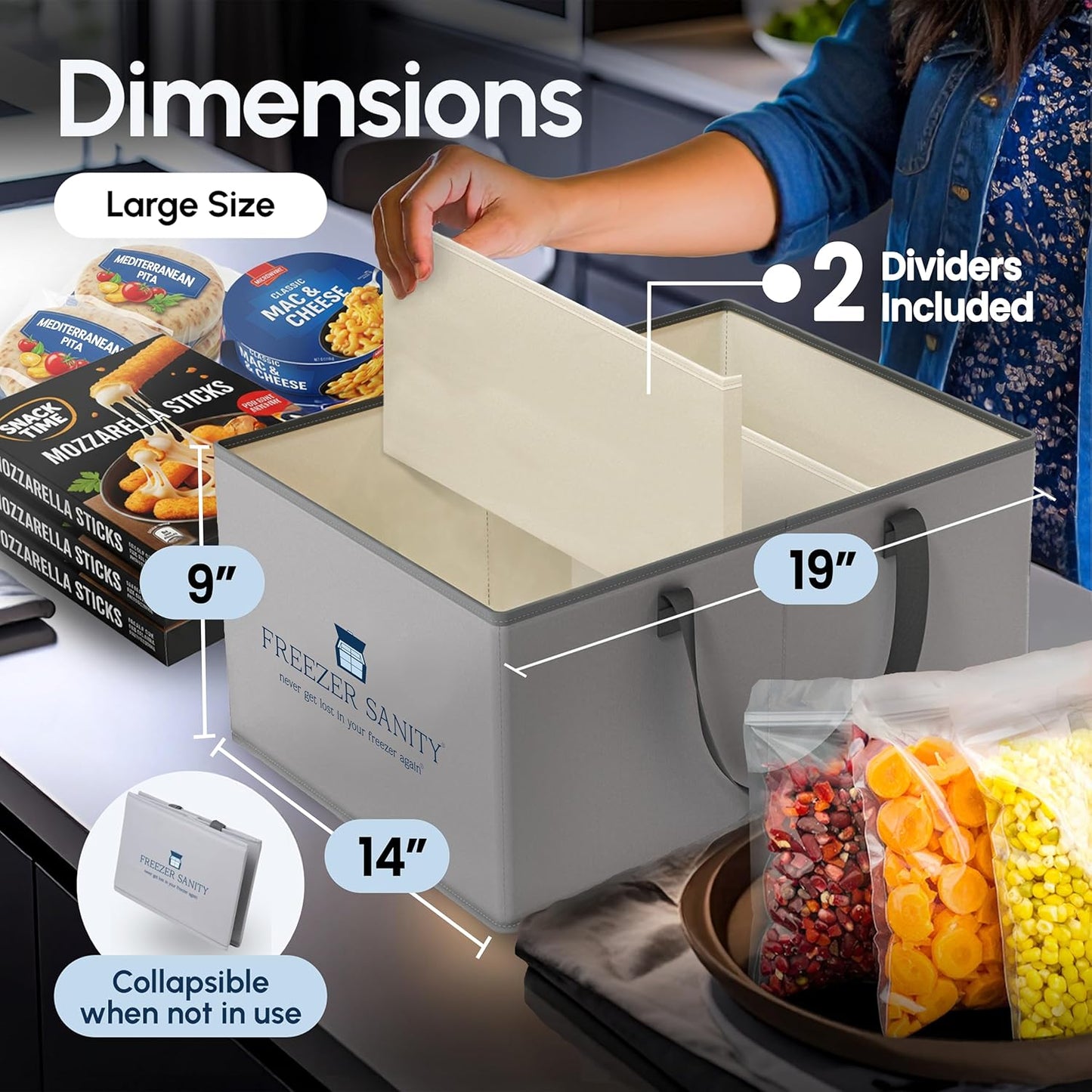 The Original Chest Freezer Organizer Bins, Stackable Storage Organizers, Deep Freezer Dividers, Handles, Heavy-Duty, Waterproof (2 Pack Large 19x14x9)