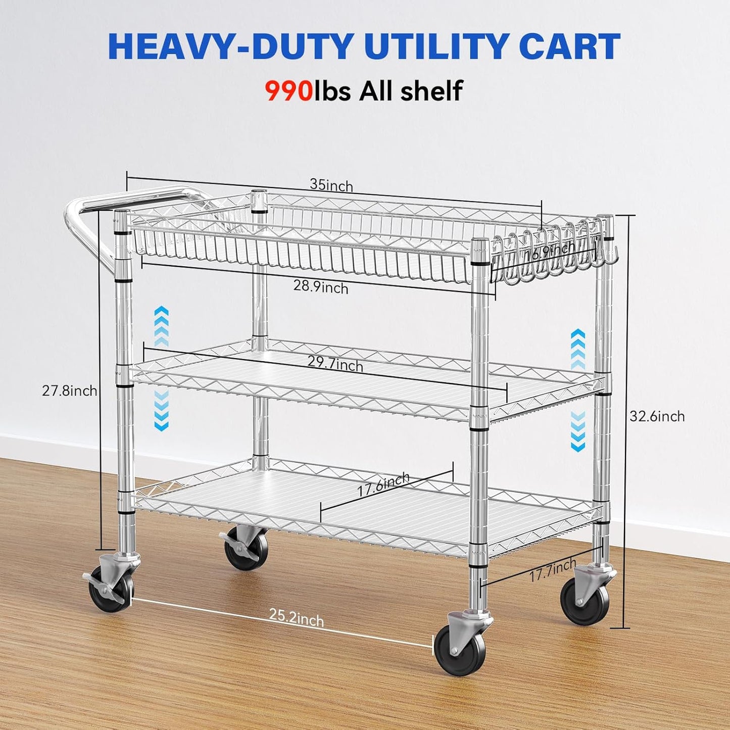 YNN Chrome Utility Rolling Cart,990Lbs 3 Tier Heavy Duty Metal Cart with Wheels & Handle NSF Wheeled Cart 31" D x 18" W x 33" H for Bedroom, Bathroom, Kitchen,Garden,Decor,Serving