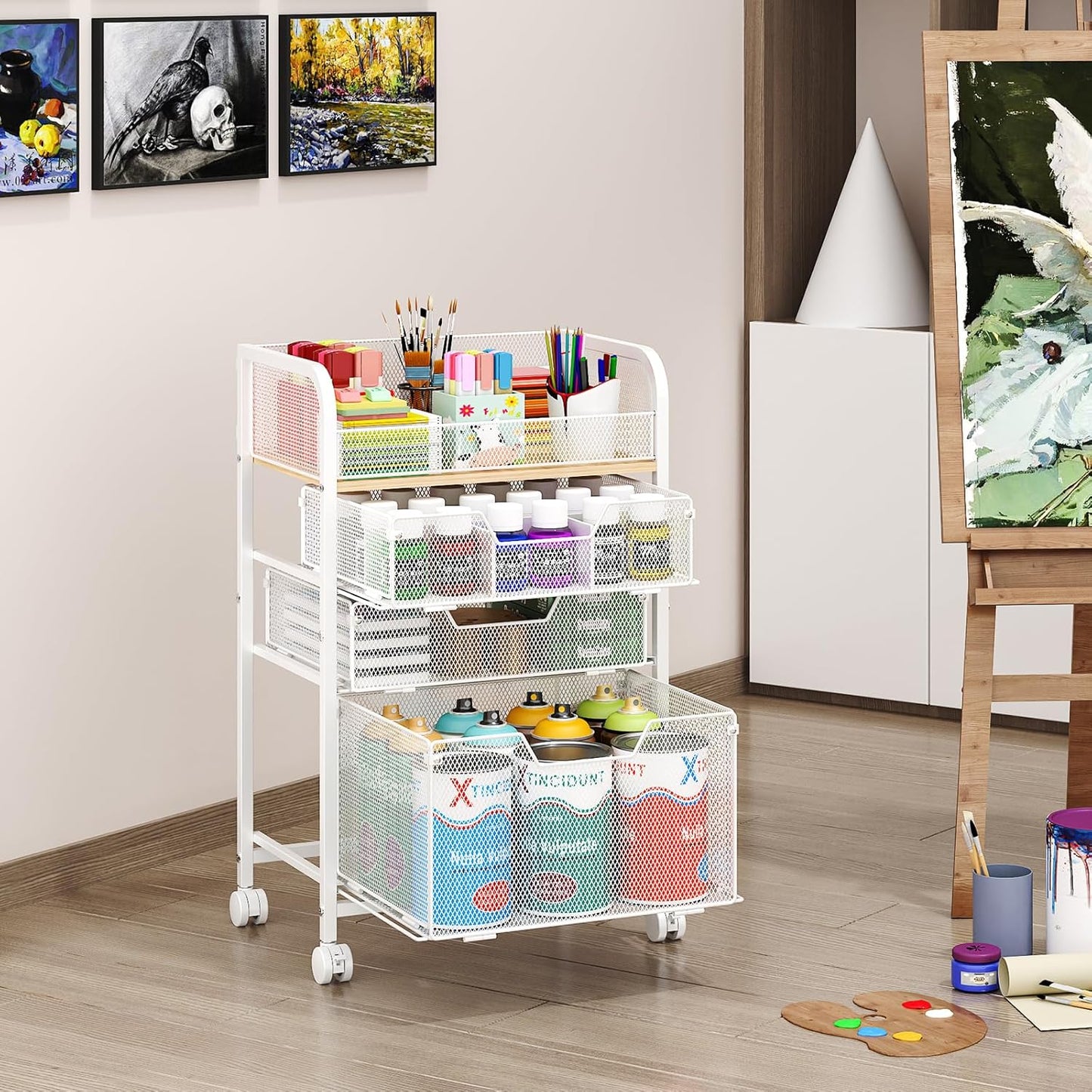 4-Tier Rolling Utility Cart with 3 Drawers - White Craft Organizers and Storage with DIY Dividers, Under Desk Art Supply Storage Organizer with 360° Lockable Wheels for Brushes Artifacts Small Parts