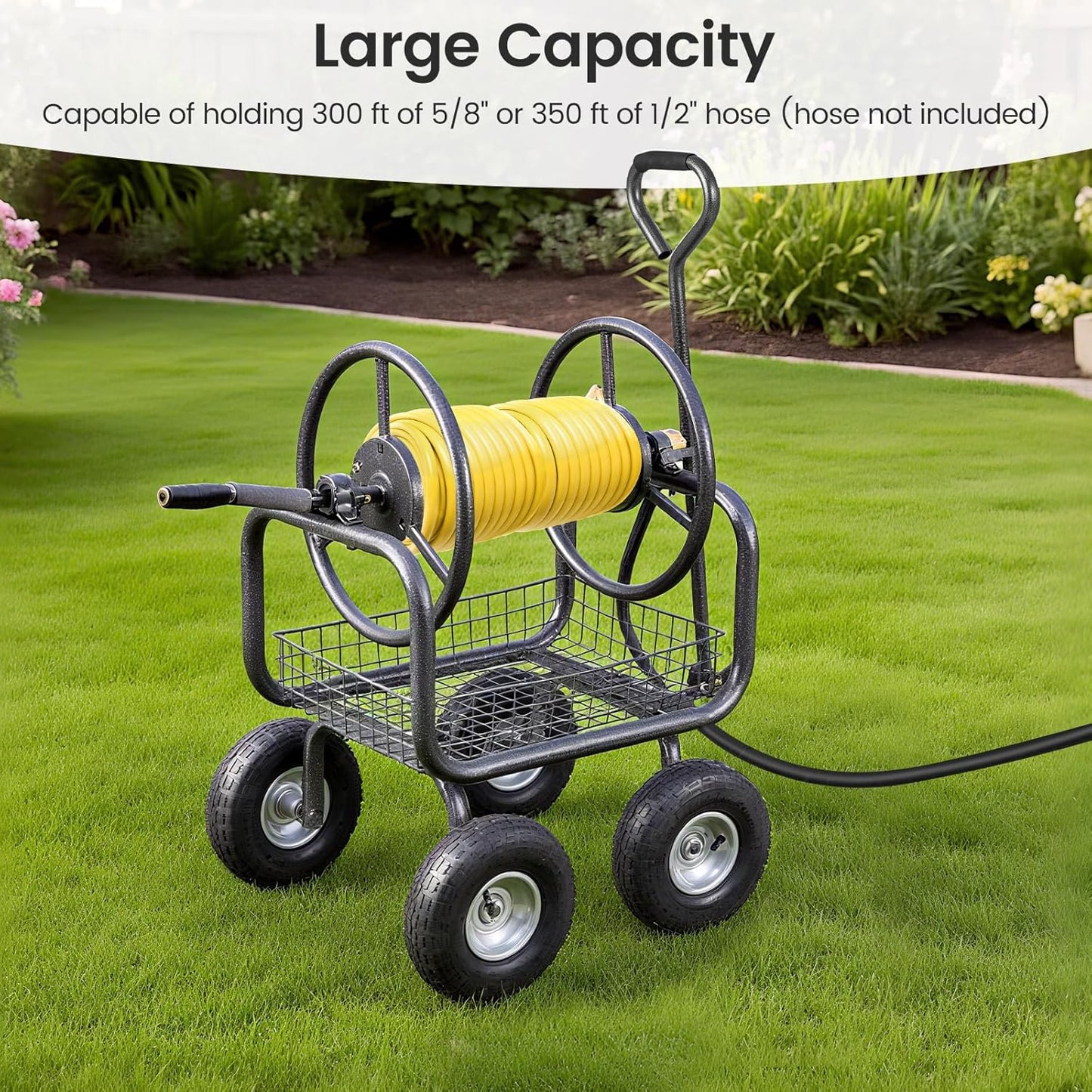 Goplus Garden Hose Reel Cart, 300 FT of 5/8" Large Capacity, Heavy-Duty Metal Hose Cart w/ 4 Wheels, Storage Basket, Portable Water Hose Organizer for Outside Yard, Outdoor Planting Tool (Black)