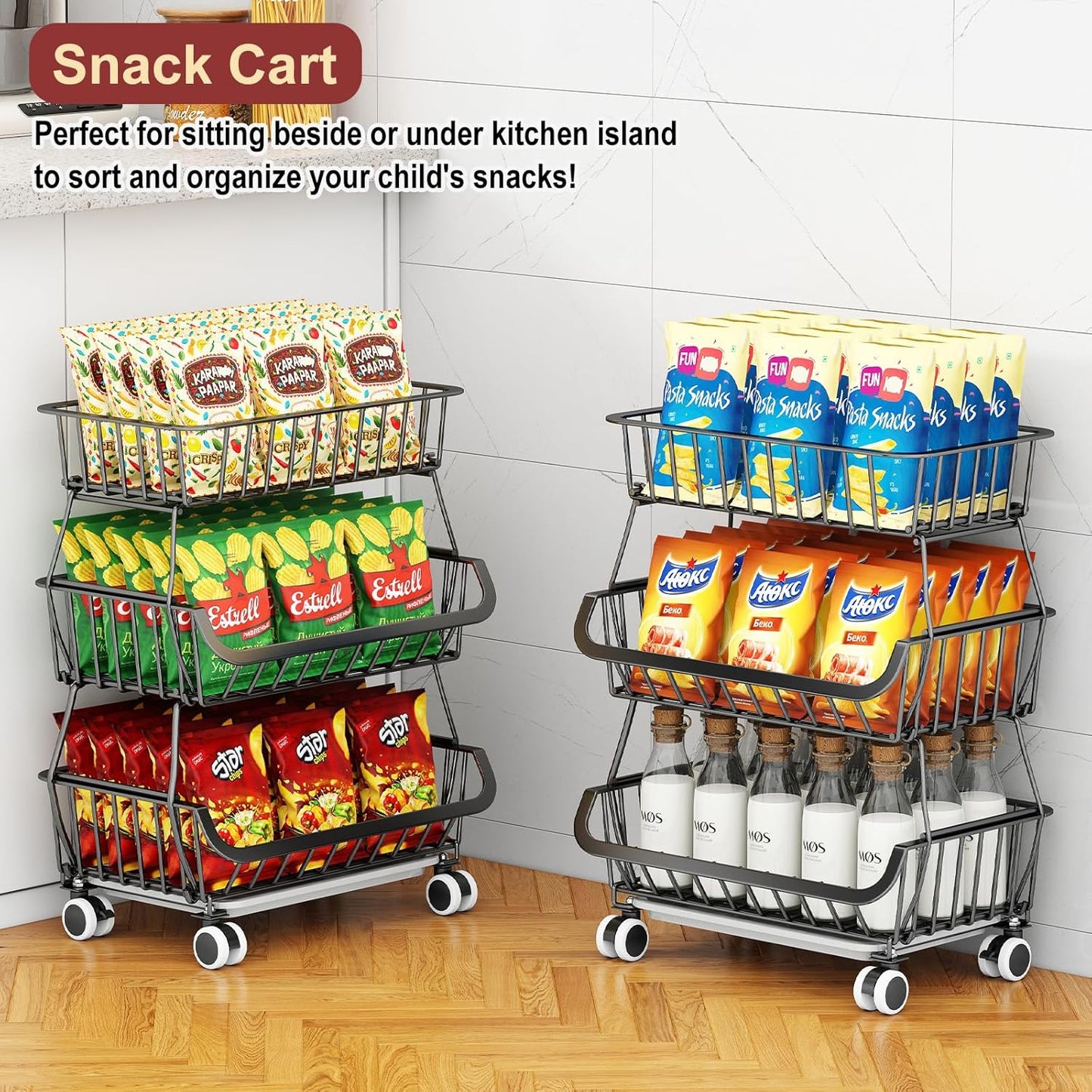 Miyawell 3-Tier Rolling Pantry Cart with Wheels, Stackable Wire Storage Floor Organizer for Kitchen Pantry Snack Shelves, Fruit Basket Stand, Vegetable Storage Rack for Food Snacks Onion Potato