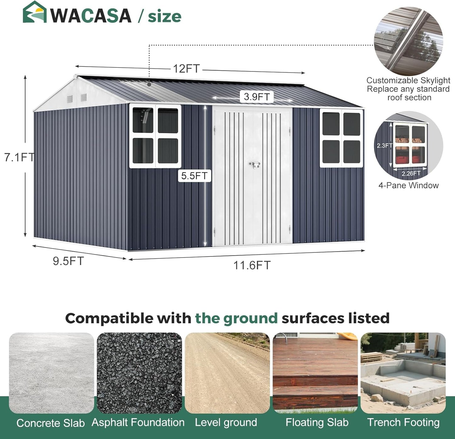 Metal shed 12x10 FT with Floor Kit, Outdoor Storage, Heavy-Duty Garden Sheds with Customizable Skylight & Reinforced Steel Frame, Weatherproof Galvanized Tool Tiny House for Backyard, Patio, and Lawn