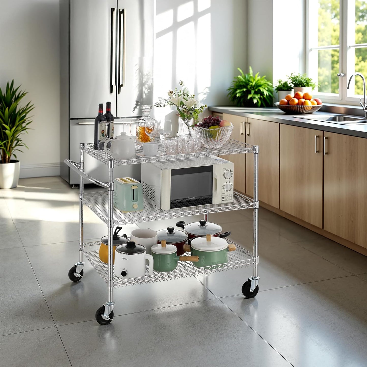 Finnhomy 3 Tier Heavy Duty Commercial Grade Utility Cart, Wire Rolling Cart with Handle Bar, Steel Service Cart with Wheels, Kitchen Carts on Wheels, Metal Cart Shelf Size 24" D x 36" W, NSF, Chrome