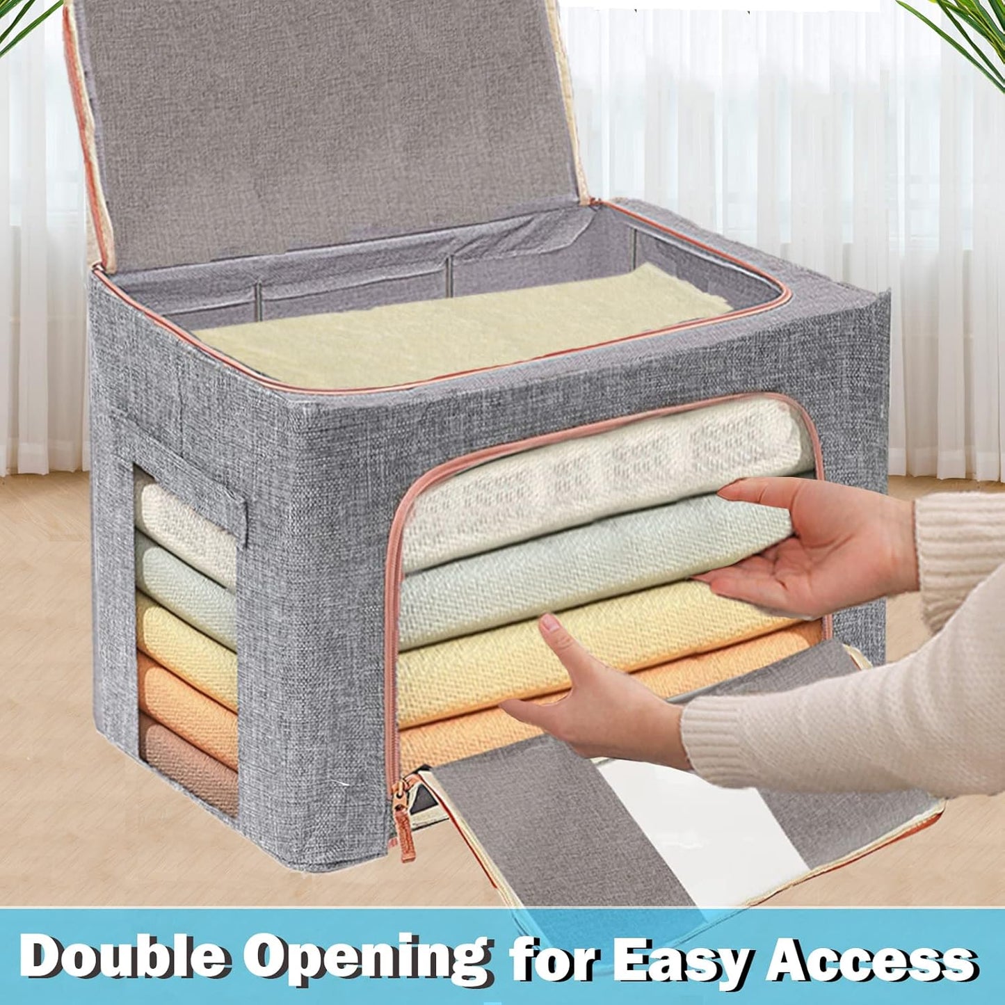 Large Storage Bags,Stackable Clothes Storage Bins with Hold Shape Metal Frame,Foldable Closet Organizer Containers with Zipper,Clear Window,Thick Fabric for Seasonal Clothing,Bedding (3 Pack, 66L)