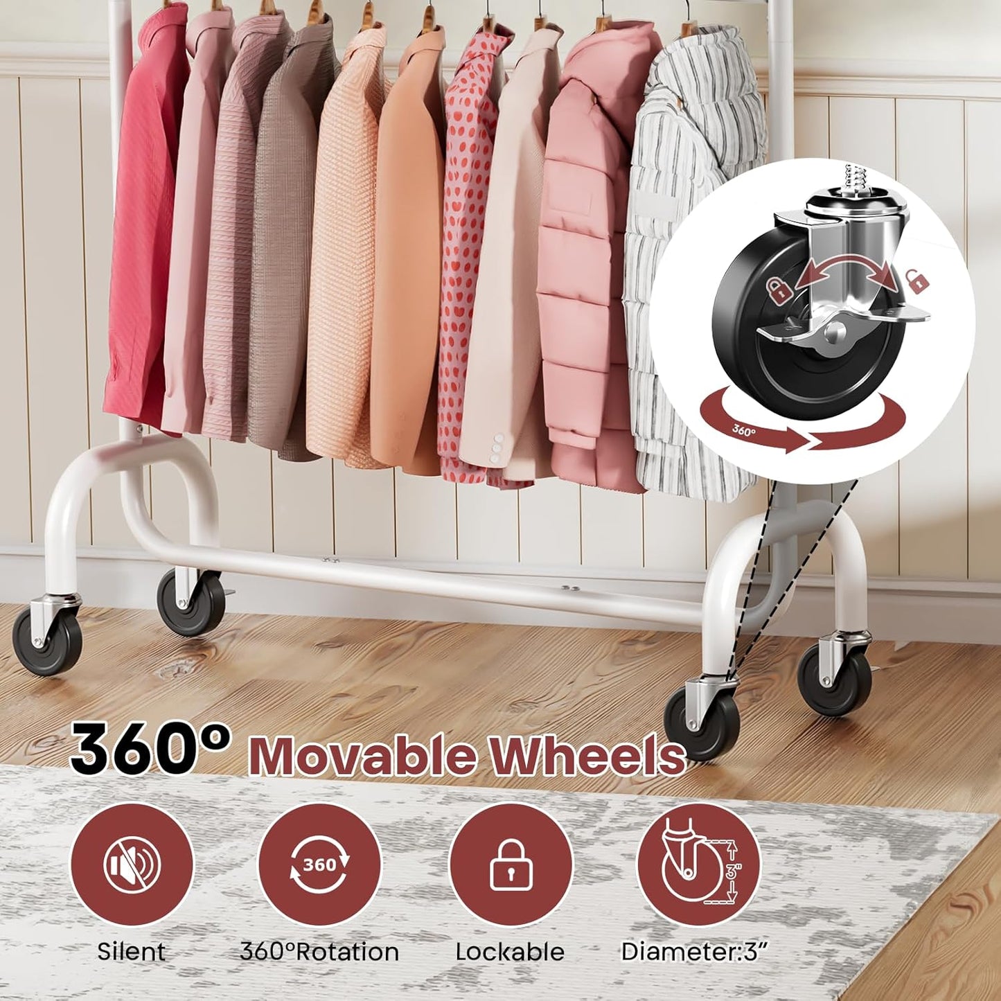 Heavy Duty Clothes Rack Load 600 LBS, Rolling Clothing Rack for Hanging Clothes with Lockable Wheels, Double Rod Garment Rack for Bedroom, Laundry, Living Room, White