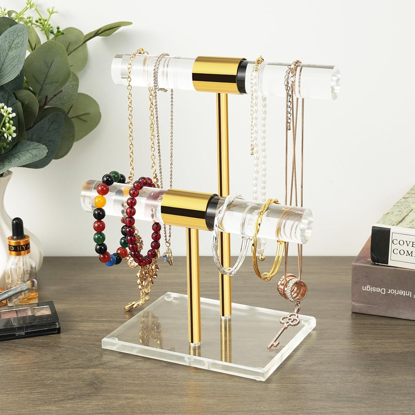 Acrylic Bracelet Holder, Necklace Holder Display Stand, 2 Tier T-Bar Jewelry Organizer, Stainless Rod Tangle-free Countertop Jewelry Rack for Vendors Retail Store Home, Gfit for Women