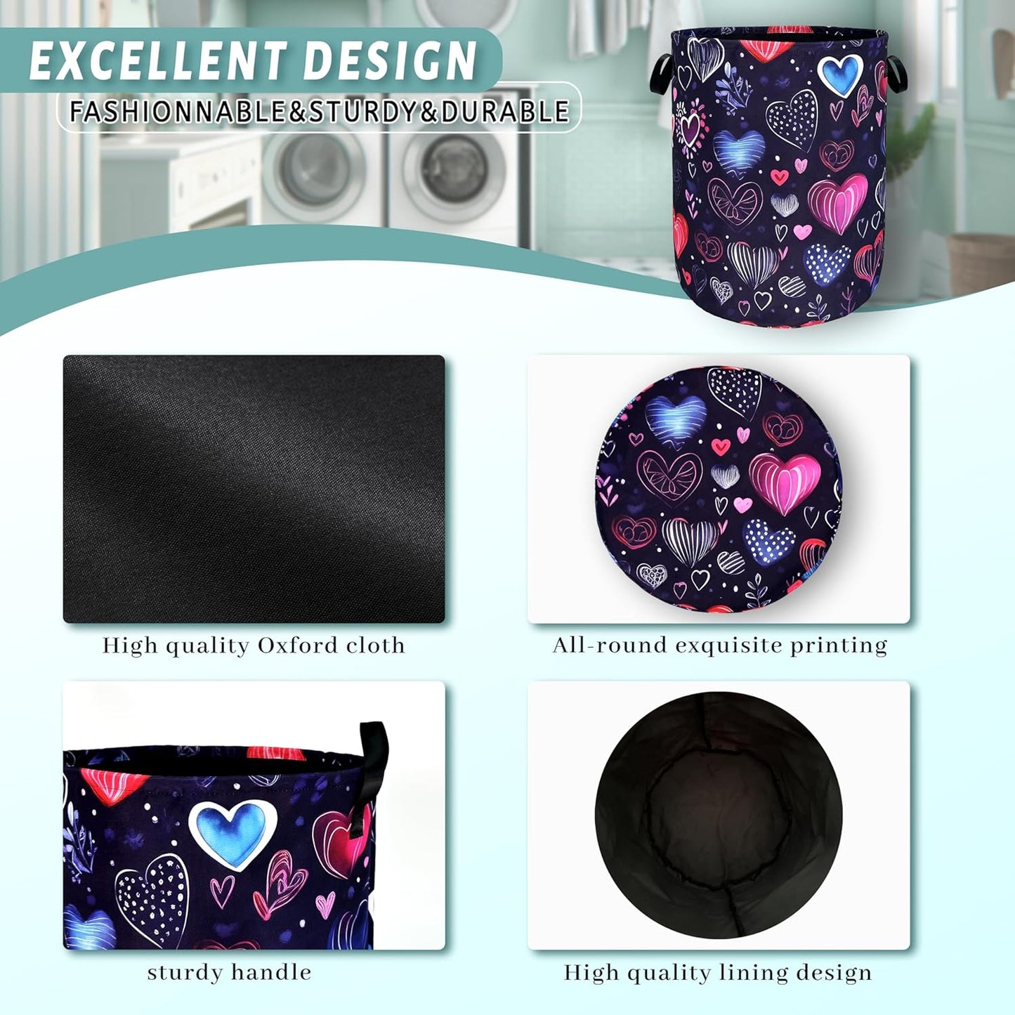 Hand Drawn Love Hearts Pattern Laundry Hamper With Handles Foldable Oxford Cloth Tote Bag Colorful Laundry Basket Clothes Toy Storage Bucket 18.9" x 16.5" For Bathroom/Laundry/Bedroom
