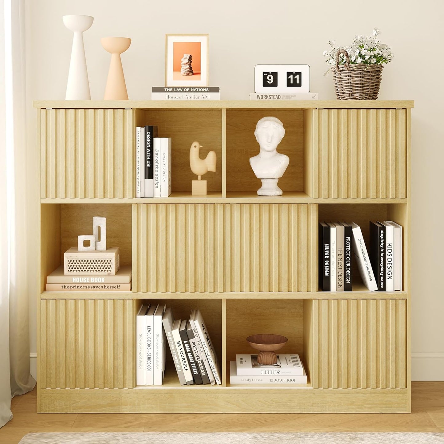 iPormis 12 Cube Bookcase with 6 Fluted Sliding Doors, 3 Tier Wooden Bookshelf, 47.2” Freestanding Cube Storage Organizer for Living Room, Office, Bedroom, Semi-Open Bookshelves, Natural