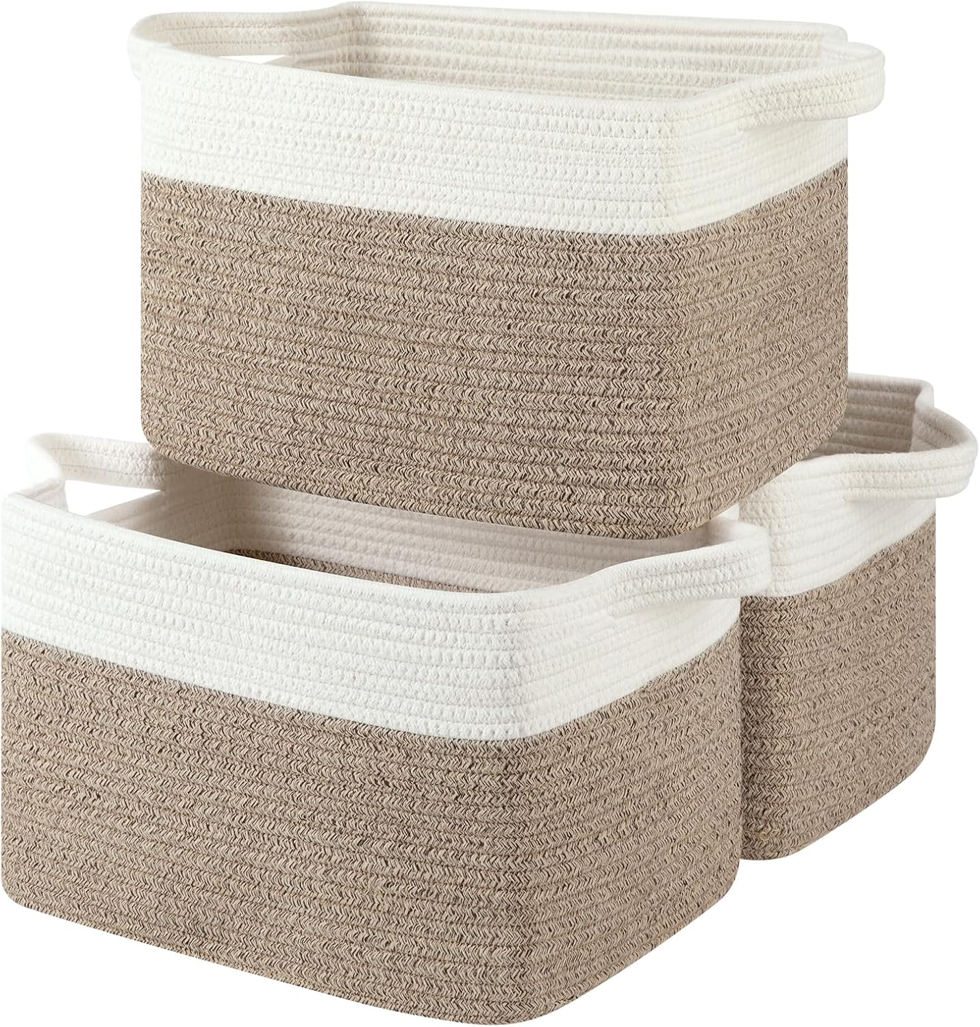 Storage Baskets for Organizing, Woven Baskets for Shelves, Rectangle Decorative Organizer for Storage Clothes, Toy, Books, Towels Nursery Bins 3 Pack (Brown & White, 13"x9.85"x8.7")