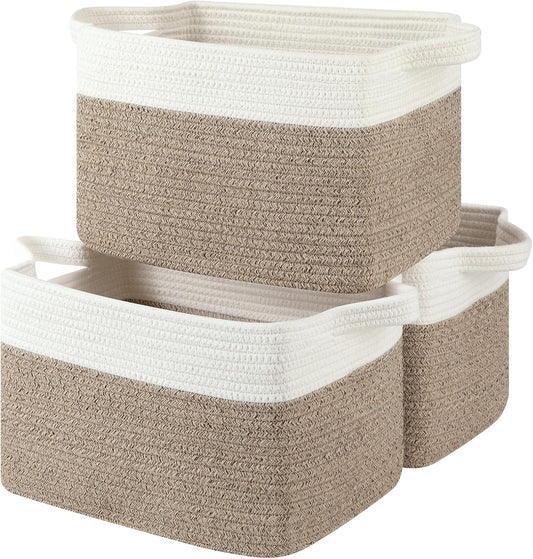 Storage Baskets for Organizing, Woven Baskets for Shelves, Rectangle Decorative Organizer for Storage Clothes, Toy, Books, Towels Nursery Bins 3 Pack (Brown & White, 13"x9.85"x8.7")