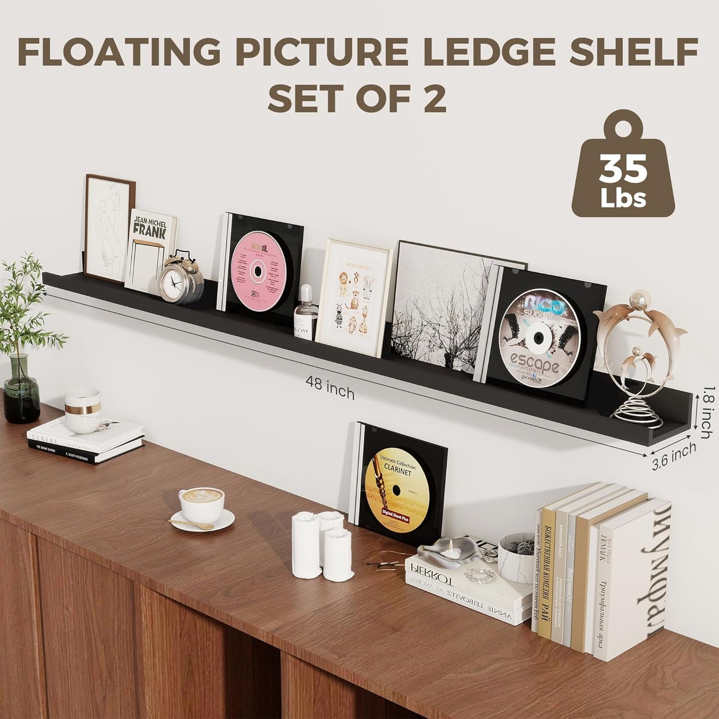 Axeman 48 Inch Black Floating Shelves for Wall | Picture Ledge Shelf Set of 2 | Rustic Picture Shelf for Wall with Ledge | Floating Shelves with Lip | Photo Ledge Shelves for Books Album Records
