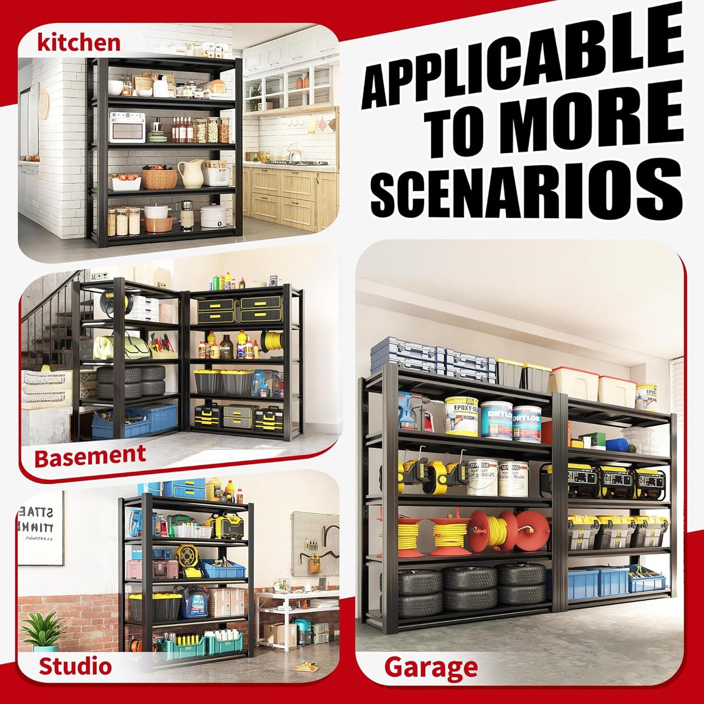 72" H Garage Shelving, Metal Storage Shelves, Adjustable 5 Tier Storage Rack, Heavy Duty Shelving, Industrial Utility Shelf for Garage, Warehouse, Bedroom, Kitchen,16" D×36" W×72" H, Black