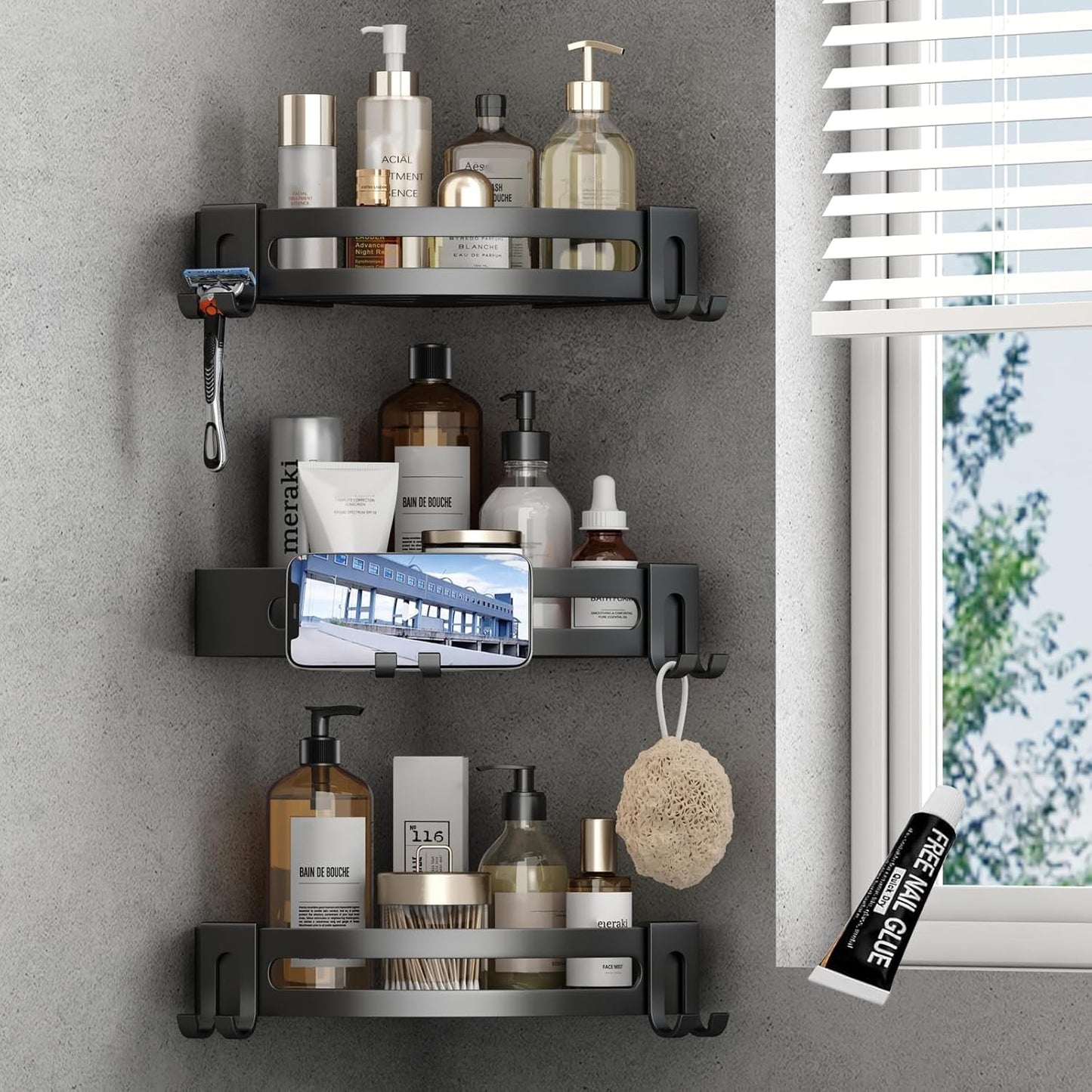 VOLPONE 3-Pack Black Triangle Shower Caddy, 3-Tier Corner Shelves, Rustproof Shower Storage Rack, Drill Free Wall Mount Shower Organizer, 40lbs Load Capacity
