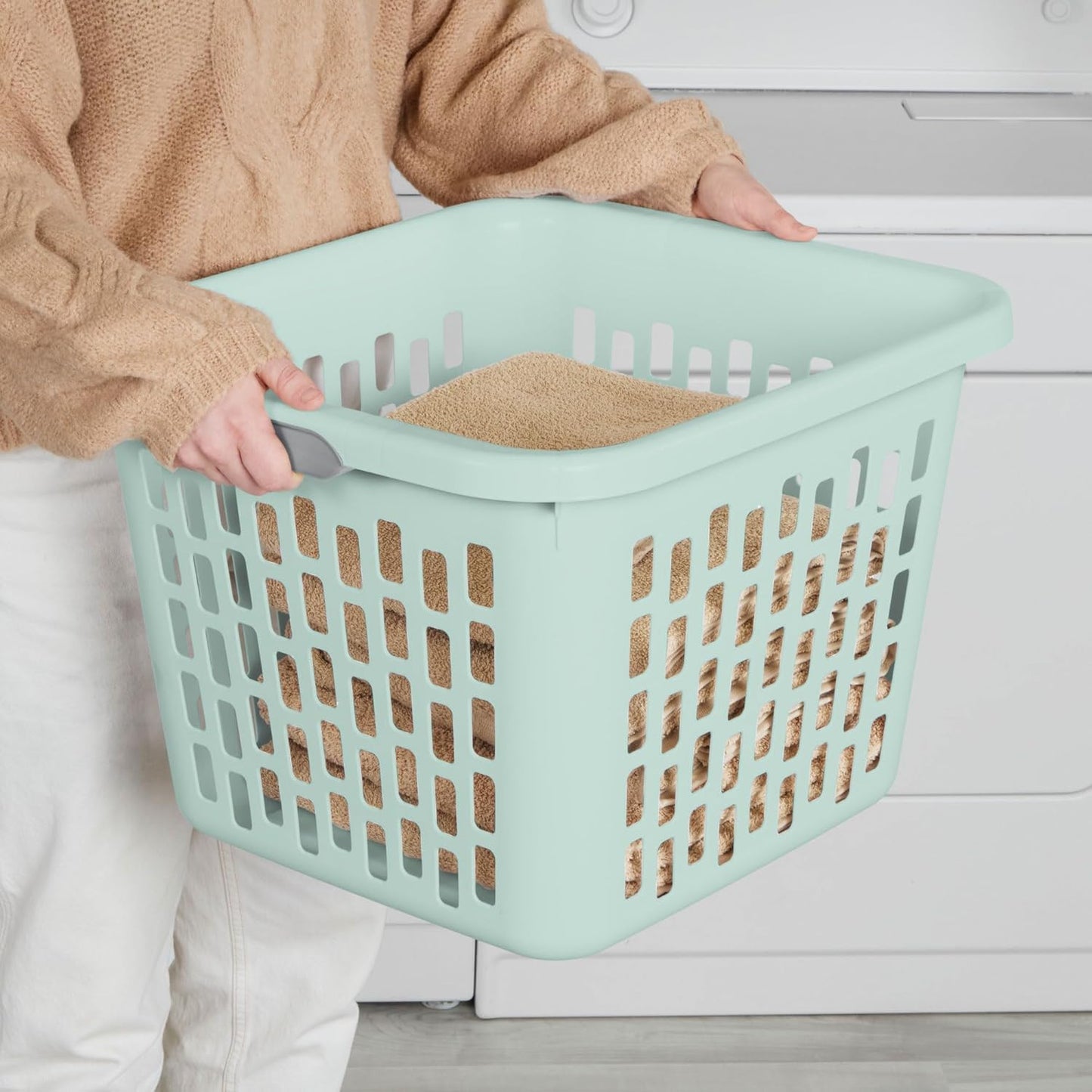 Sterilite Laundry Basket, Plastic Clothes Hamper, Large Square Bin with Comfort Grip Handles and Reinforced Rim, 1.5 Bushel Capacity, Mint, 18 Pack