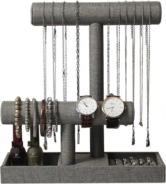 Coward 2 Tier Necklace Bracelet Holder Organizer with Ring Tray, Linen Jewelry Display Stand for Watch Scrunchie Lipstick, Perfumes,Nail polish (Gray Linen)