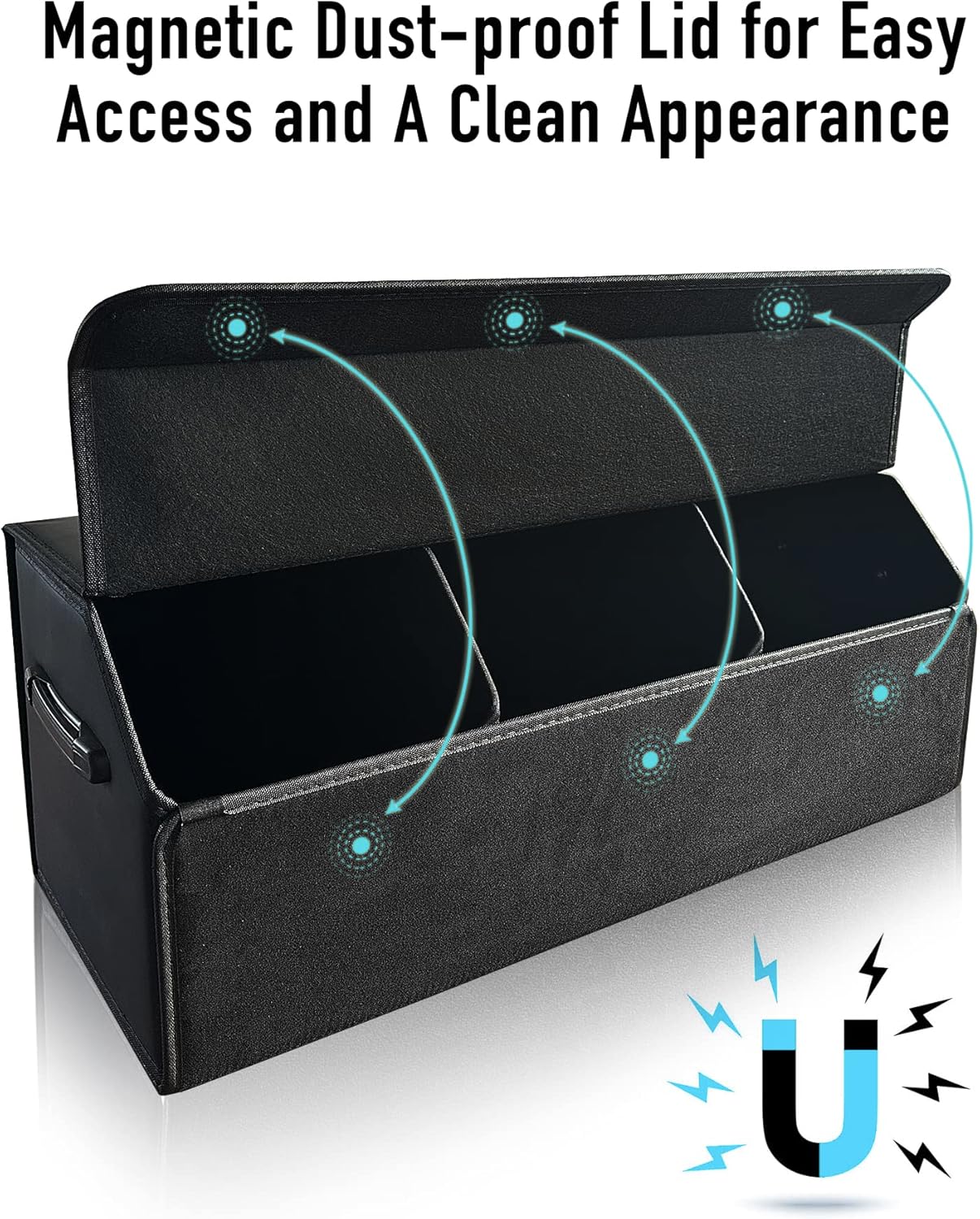 Car Organizers for Trunk for Suv Sedan, Leather Storage Box,Extra Large,Magnetic Lid,Collapsible and Adjustable, S004, Black
