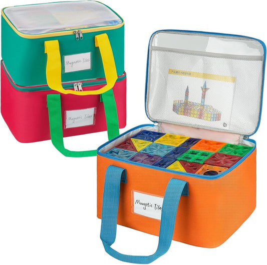 3 Packs Large Magnetic Tiles Storage Bags,Magnetic Tiles Storage Bin,Toy Organizer Case with Mesh Pocket and Tag Pocket for Magnet Building Tiles,Board Game,Puzzle and Lego Bricks