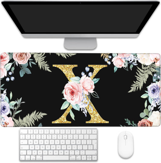 Large Gaming Mouse Pad for Desk, Flower Golden Letters X Desk Mat, 35.4"x15.7" Big Mouse Pad with Non-Slip Base and Stitched Edge, Long Computer Keyboard Mouse Mat for Home Office Work