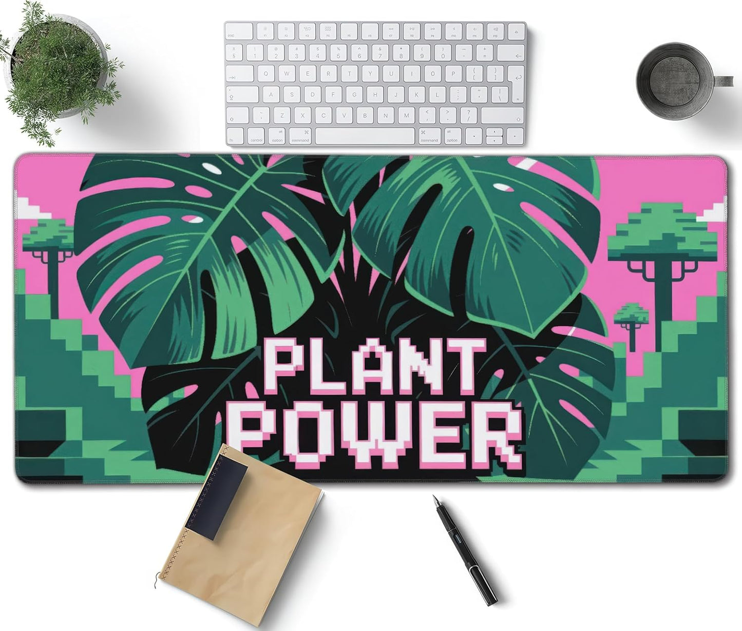 Pixel Plant Power Large Mouse Pad, Cool Gaming Desk Mat, XXL Keyboard Desk Pad Mat for Desktop, 35.4"x15.7" Non-Slip Base Big Mousepad with Stitched Edges