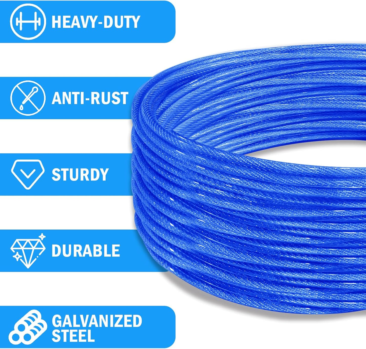 40ft Clothes Line Outdoors 3/16" Wire Ropes Blue PVC Coating Laundry Drying Clothesline Retractor with Metal Hooks Heavy Duty for Umbrella Travel Outside Camping Backyard
