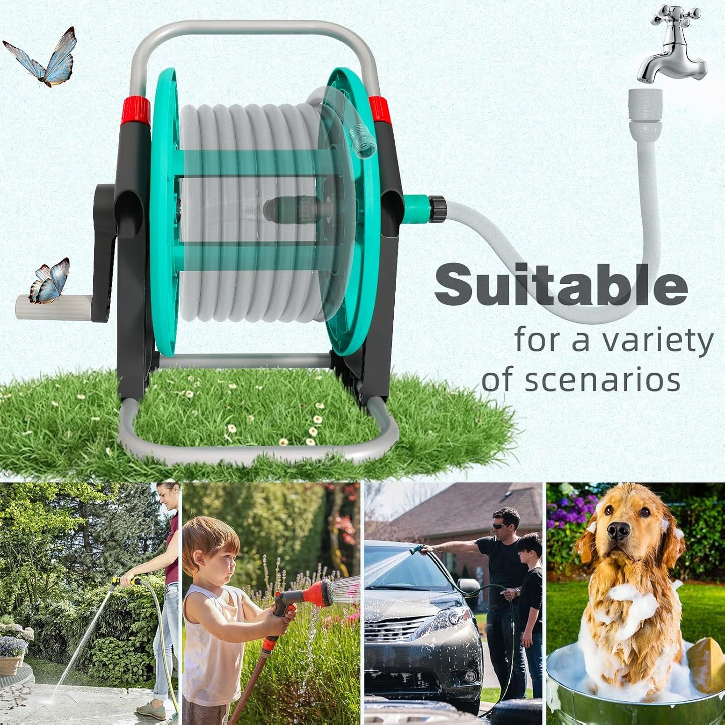 Garden Water Hose Reel Cart,Holds 50-60 Ft of 5/8 Inch Hose, Portable Hose Pipe Holder for Outside
