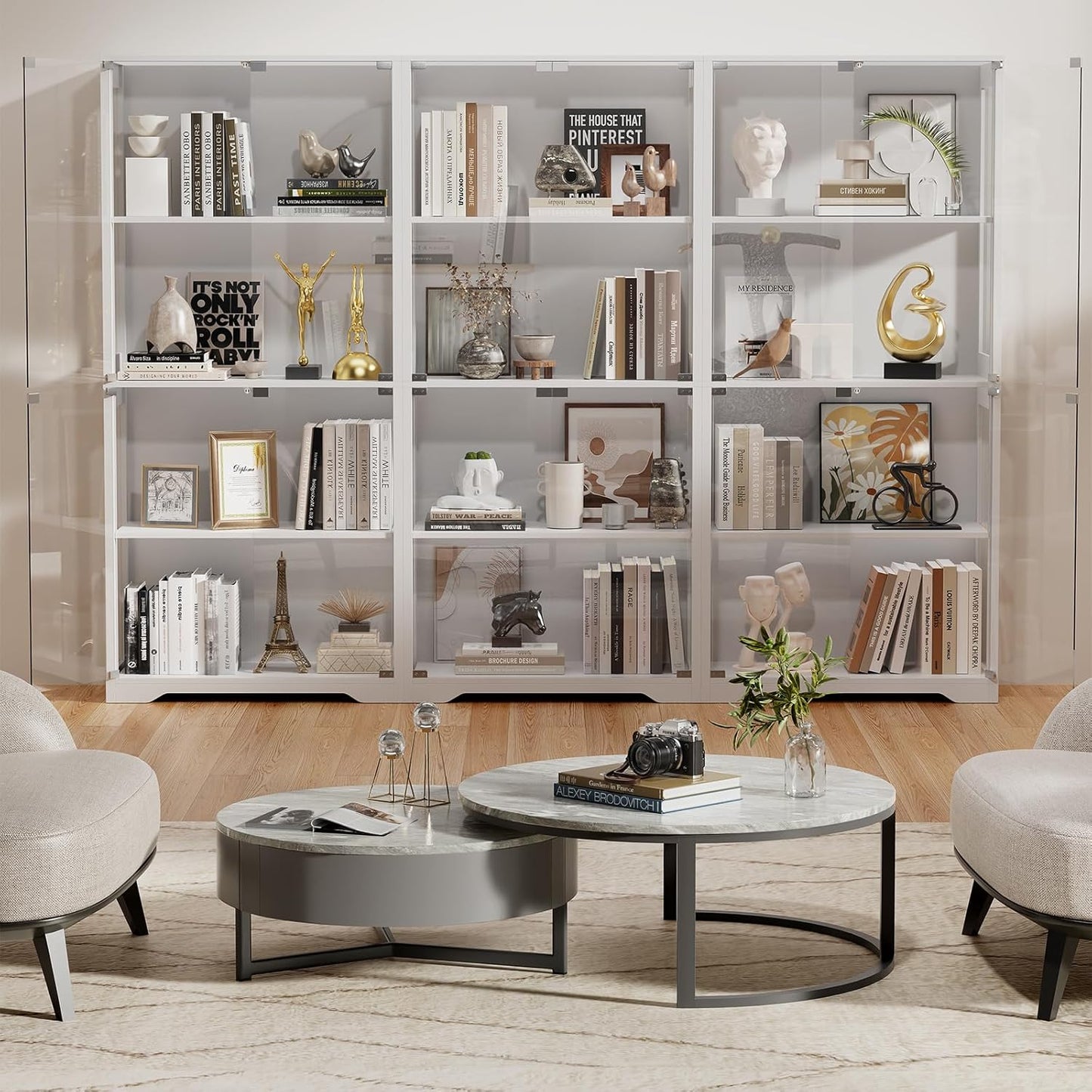 Display Cabinet with Glass Doors, 4-Tier Curio Cabinet with 3 Color Lights for Collectibles, Glass Display Case with Human Body Sensor, Bookcase with 4 Shelves, Storage Cabinets, White