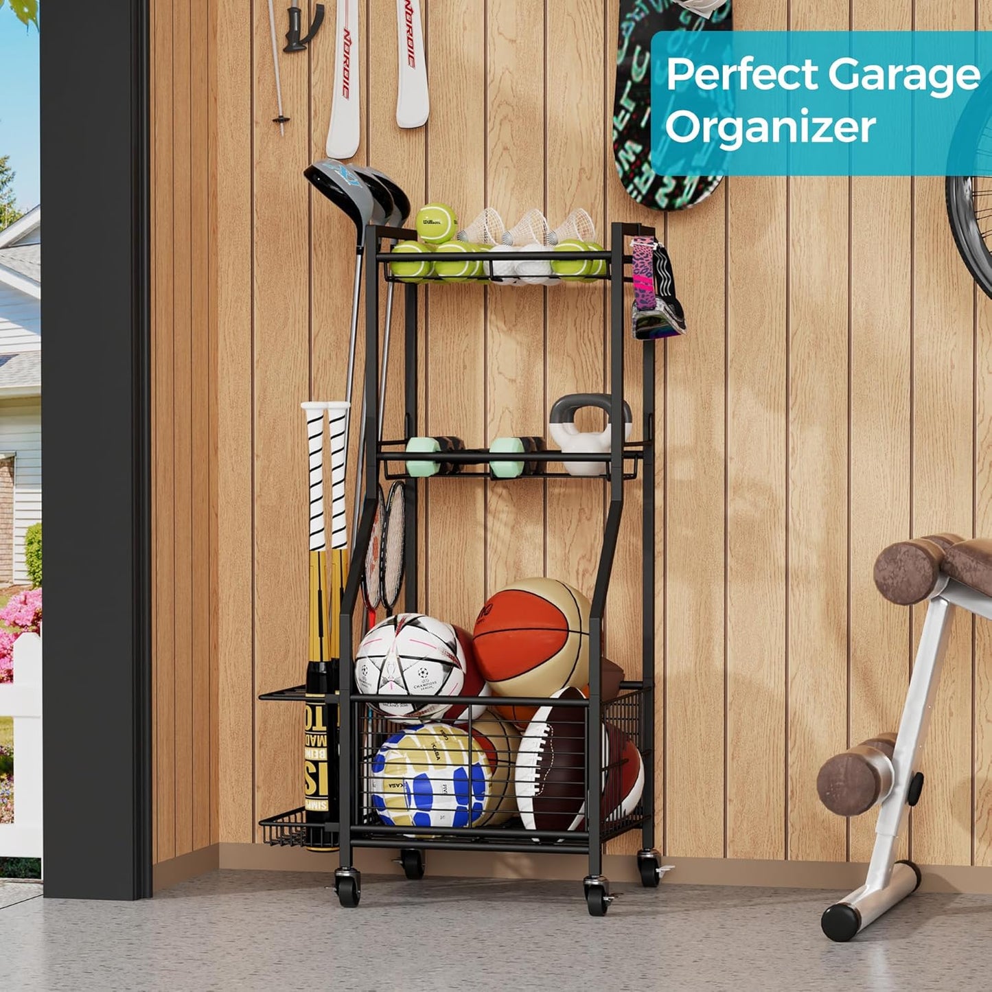 Sports Equipment & Toy Storage Rack with Wheels, 3-Tier Ball Organizer for Balls, Rackets & Sports Gear, Large Capacity with Racket Slots & Hooks, for Garage, Home Gym or Backyard – 17" W