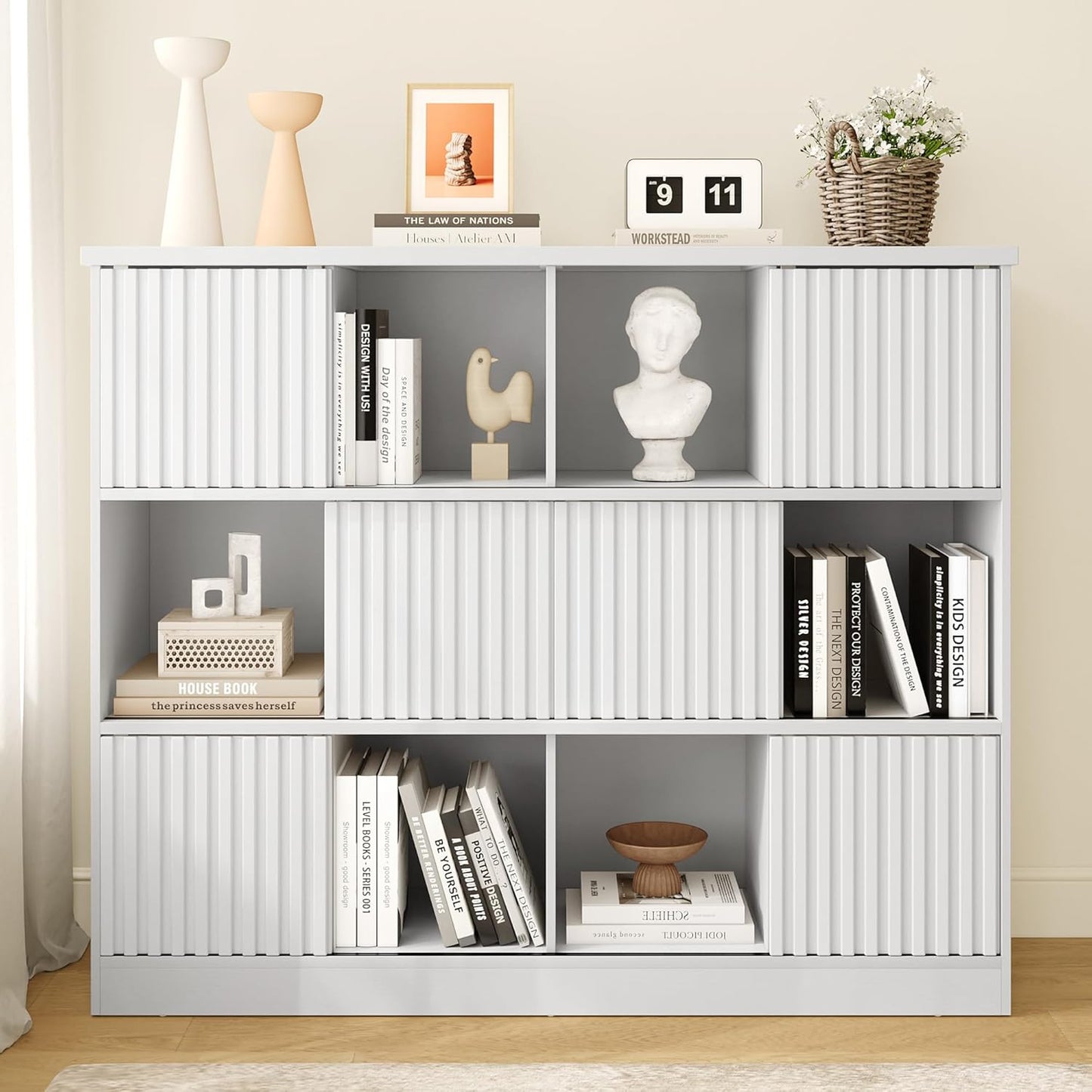 iPormis 12 Cube Bookcase with 6 Fluted Sliding Doors, 3 Tier Wooden Bookshelf, 47.2” Freestanding Cube Storage Organizer for Living Room, Office, Bedroom, Semi-Open Bookshelves, White