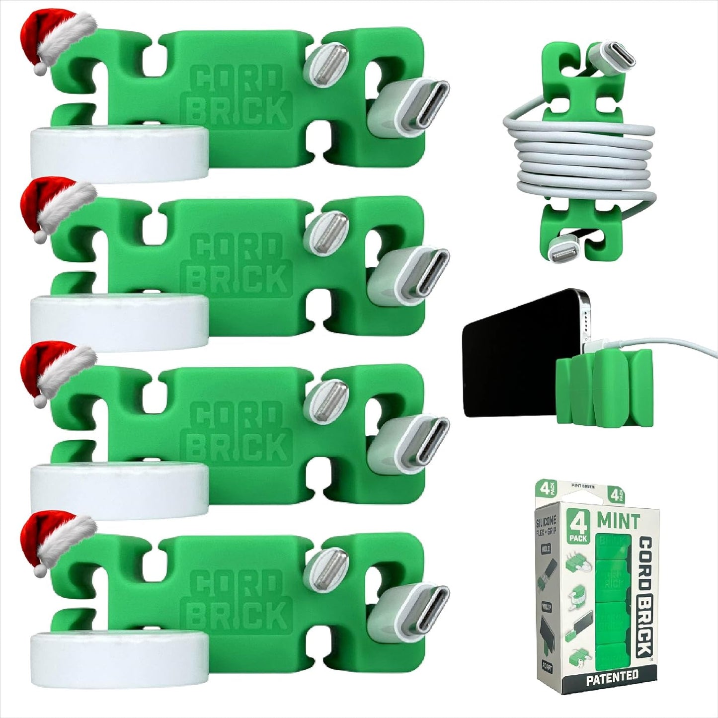 CordBrick Stocking Stuffers for Adults Cord Management Weighted Cord Holder Cable Wrap Phone Stand - Multiuse Gadget Organizer for Nightstand, Desk. Gift for Men, Durable Silicone. 4pk Green