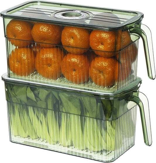 Loobuu 2Pack Stackable Food Storage Produce Saver Containers for Refrigerator, Berry Keeper Boxes for Fridge with Removable Drain Tray Keep Fresh for Vegetables/Fruit/Meat/Salad- 10.23'' x5.4'' x5.2''