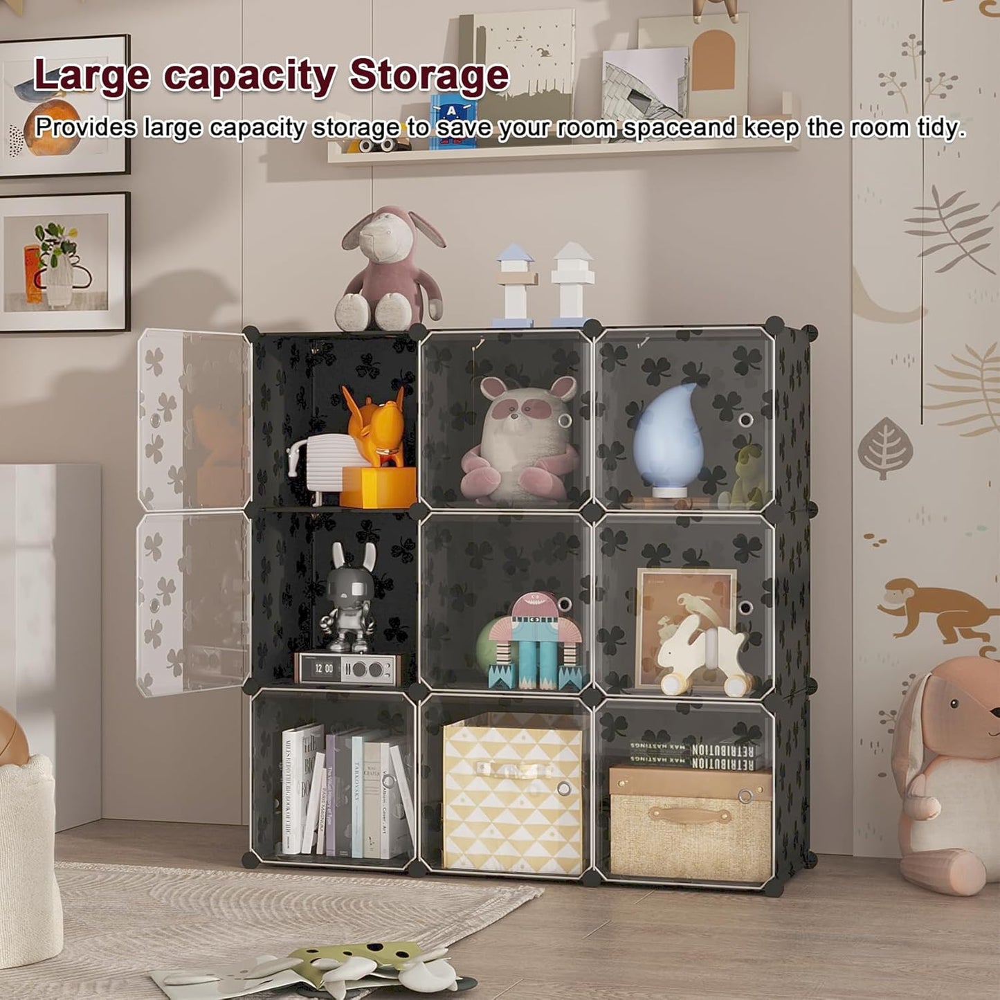 C&AHOME Cube Storage Organizer with Doors, 10-Cube Shelves, DIY Plastic Modular Bookshelf, Closet Clothes Storage Shelving Ideal for Bedroom, Living Room, Clover Embossed, Black