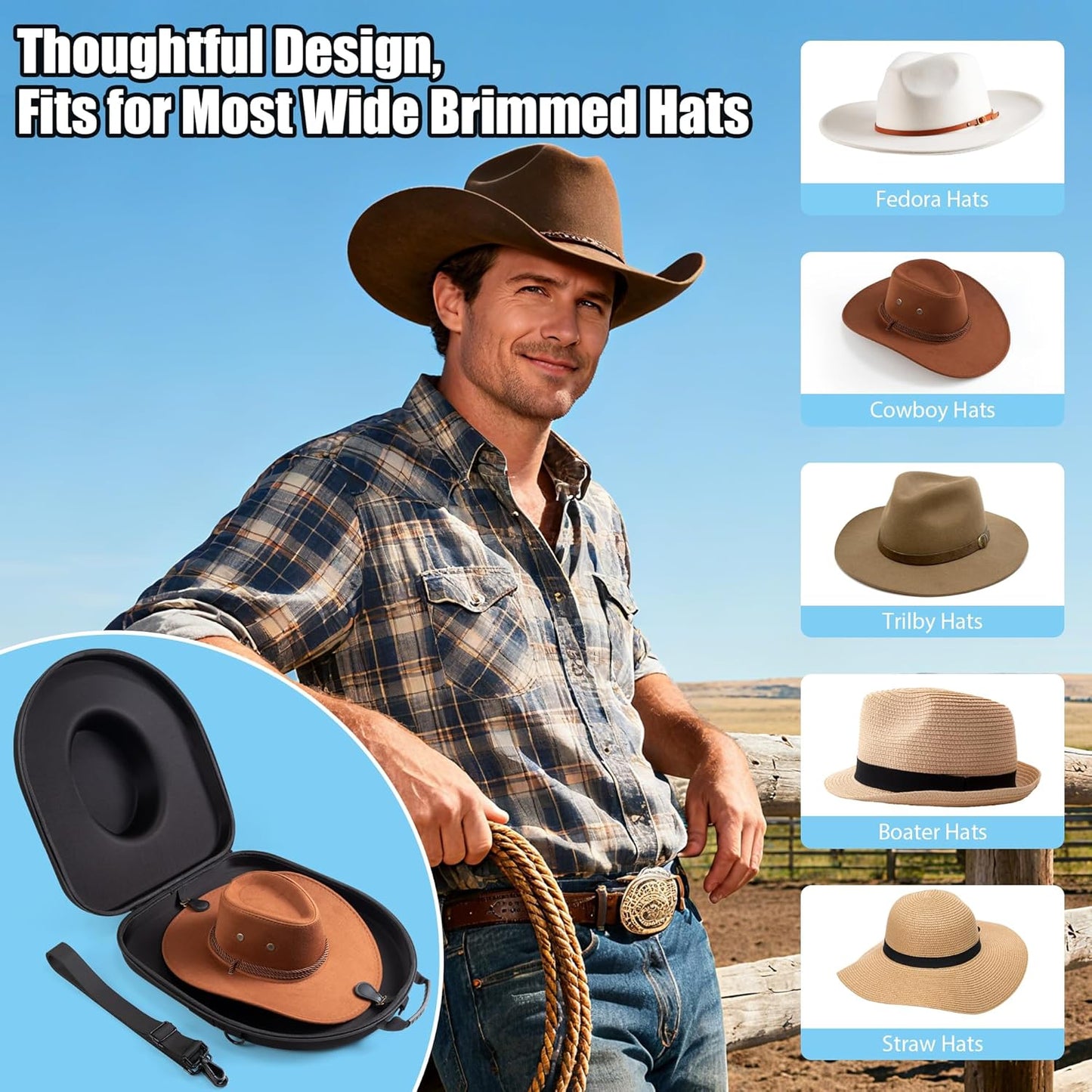 Cowboy Hat Case for Travel, Crushproof Box for Panama & Tweed, Hat Carrier with Adjustable Strap, Fedora Hat Storage For Travel Outdoors and Home(Upgrade Large) (Black)