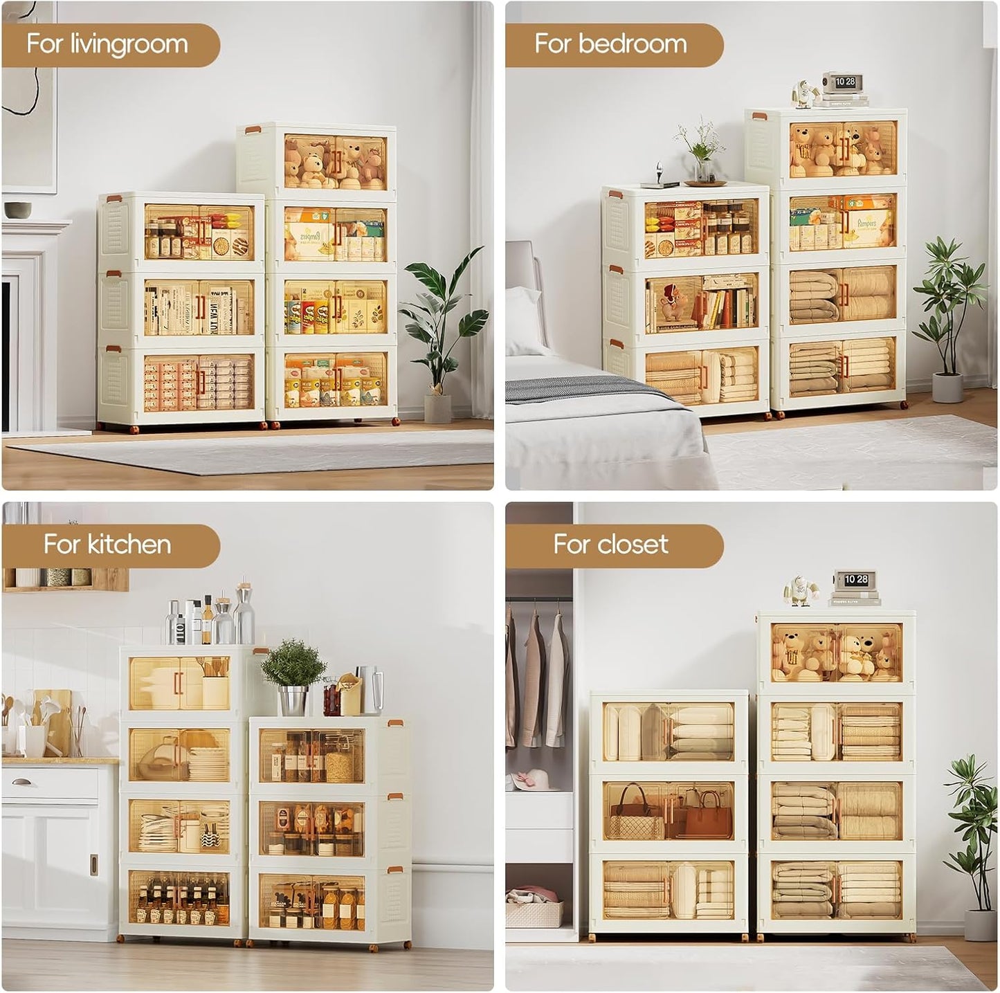 JEKO&JEKO 432 Qt Plastic Storage Bins with Lids, Doors & Wheels, 4 Pack Extra Large Stackable Collapsible Storage Cabinets and Closet Organizers for Home Office, Cream