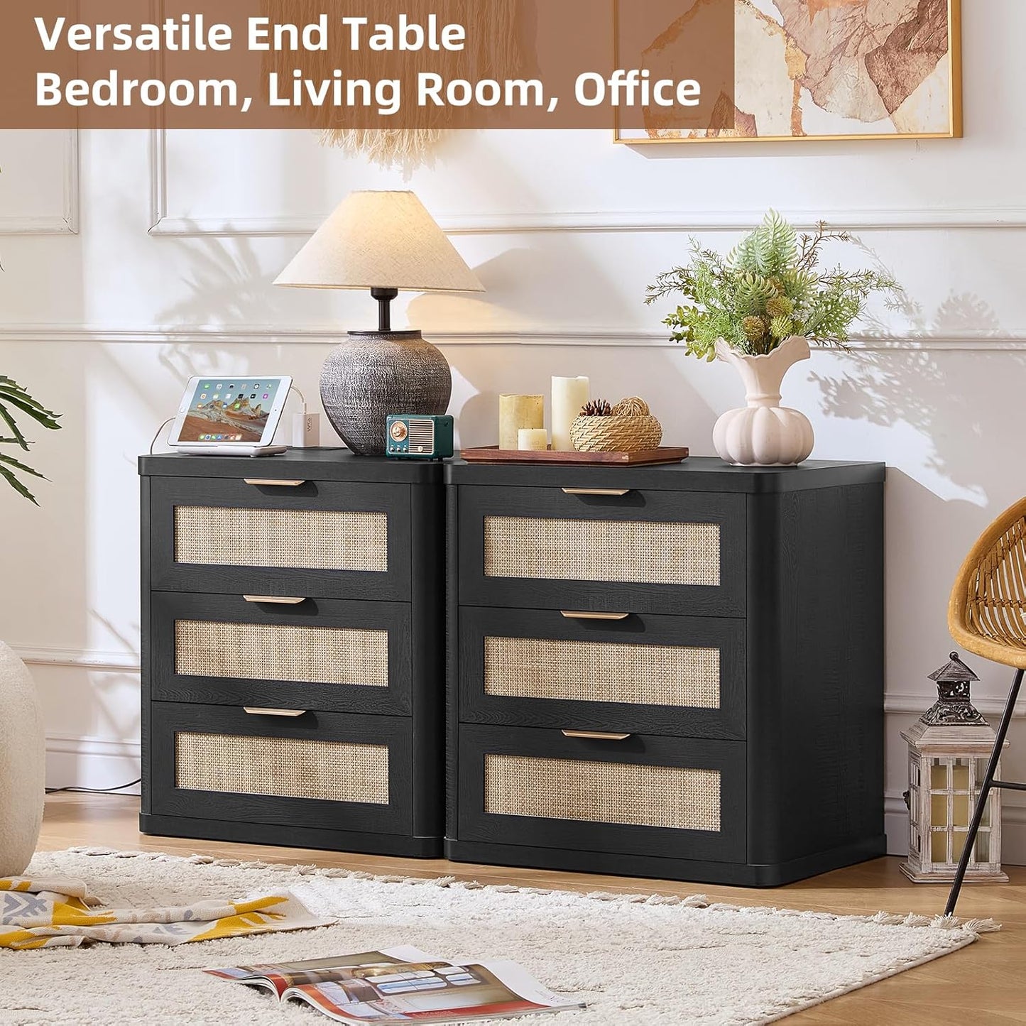 LEYAOYAO Rattan Night Stand with Charger Station, 23" Large 3 Drawer Boho Nightstand, Black Bedside Table Storage Cabinet, Bed Side End Tables for Bedroom, Living Room, Hallway