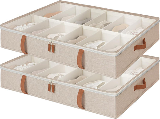 StorageWorks Shoe Organizer for Closet, Fits up to 24 Pairs, 2-Pack Ultra-thick Fabric Under Bed Shoe Storage Containers with Bottom Support and Adjustable Dividers, Taupe