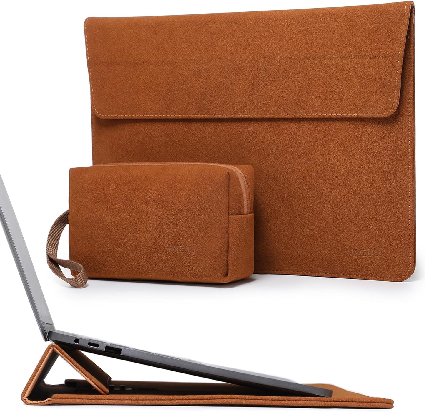 HYZUO 13 Inch Laptop Sleeve with Adjustable Stand for MacBook Air 13 M4 M3 M2 M1 2025-2018, MacBook Pro 13 M2 M1 2025-2016, Surface Pro, iPad Pro/Air 13 M4 M3 M2, XPS 13, with Pouch, Brown