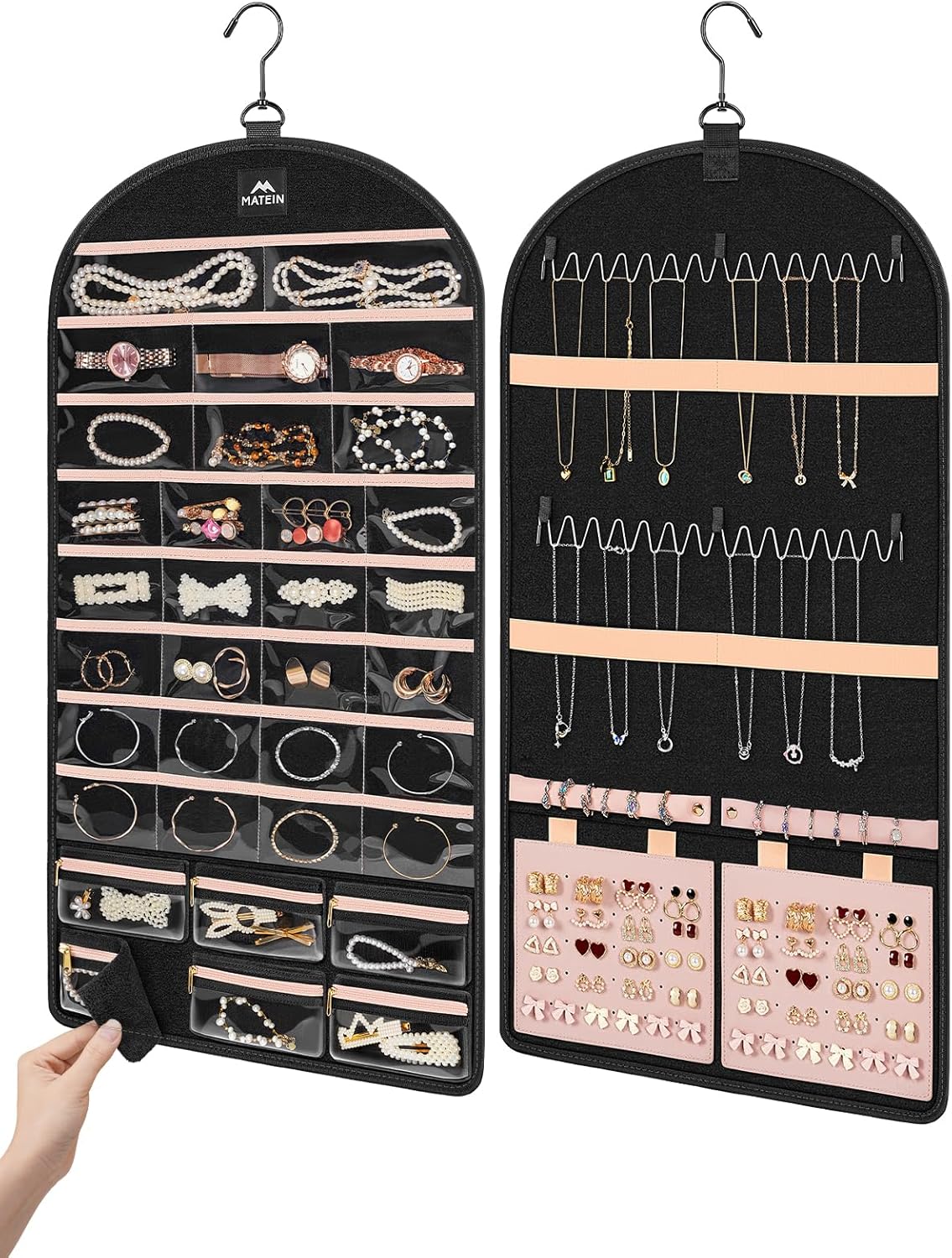 MATEIN Hanging Jewelry Organizer with Removable Travel Jewelry Pouch, Tangle Free Necklace Hanger Wall Mount with Metal Hook, Large Earring Storage Holder for Bracelet Ring Display, Gifts for Her