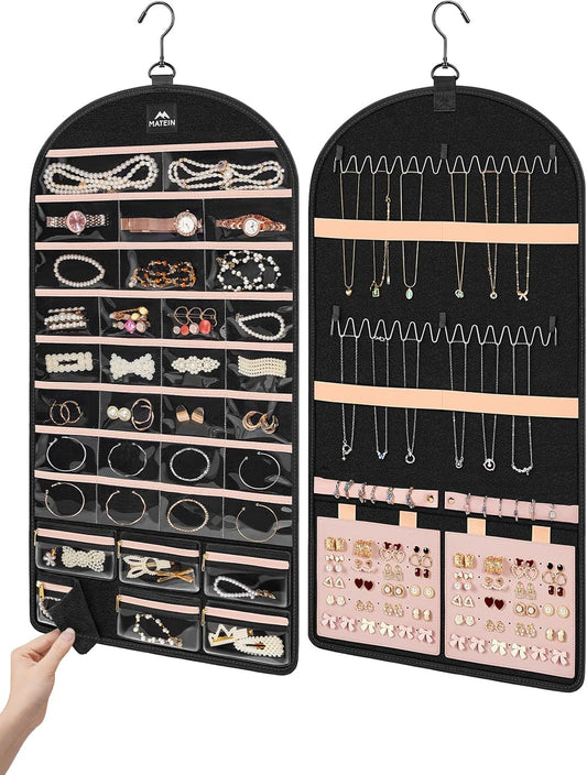 MATEIN Hanging Jewelry Organizer with Removable Travel Jewelry Pouch, Tangle Free Necklace Hanger Wall Mount with Metal Hook, Large Earring Storage Holder for Bracelet Ring Display, Gifts for Her