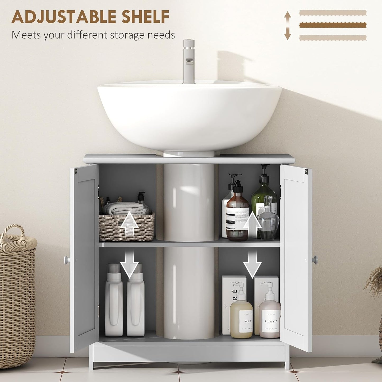 HOMCOM Under Sink Bathroom Cabinet, Pedestal Sink Storage Cabinet with 2 Doors, Shelf and U-Shape, Light Gray