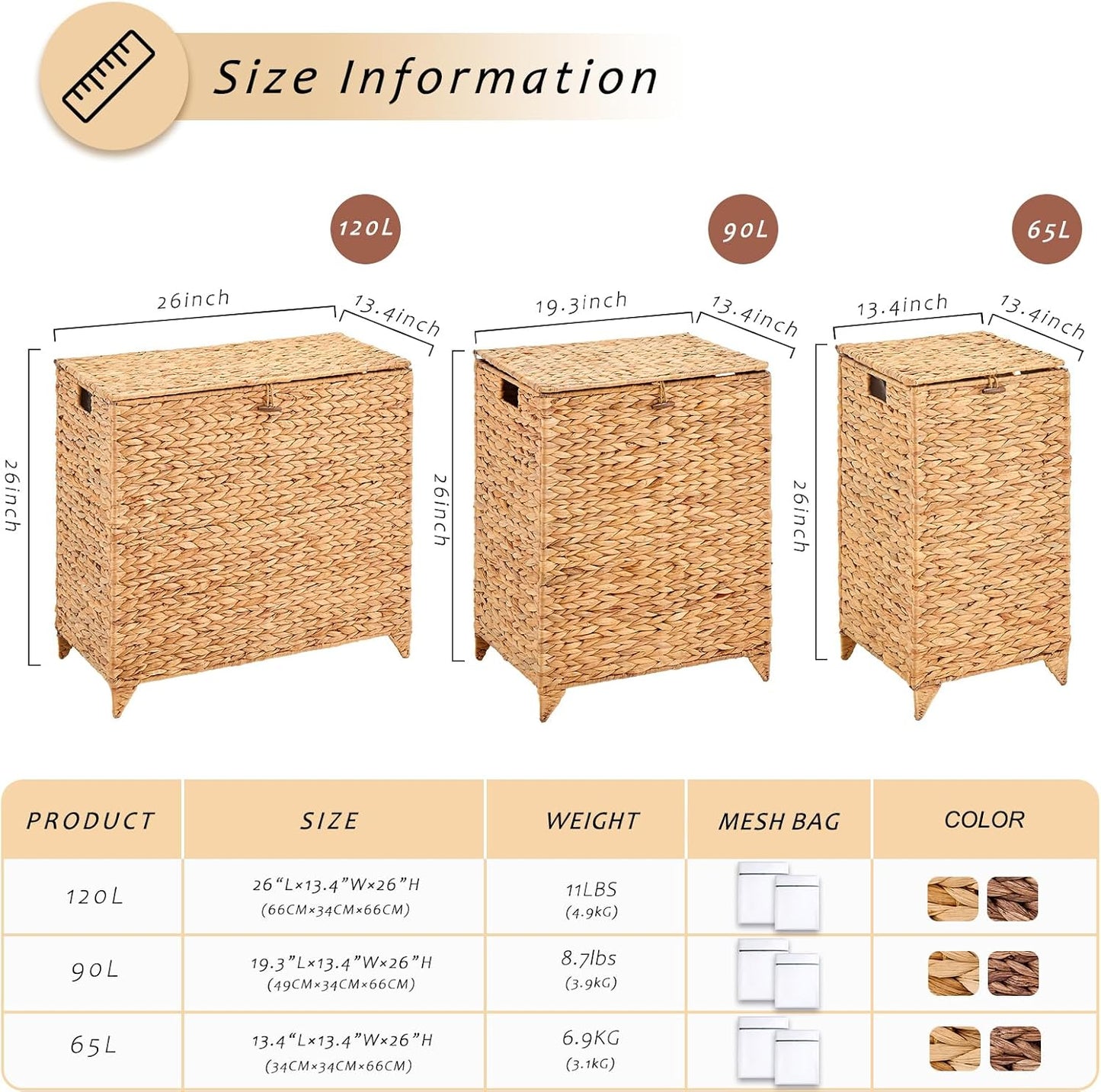 Large Laundry Hamper with Lid, Handwoven Hyacinth Rattan Clothes Hamper with Removable Liner Bag, Heightened Feet Wicker Laundry Basket for Bathroom, Bedroom, Living Room and Laundry