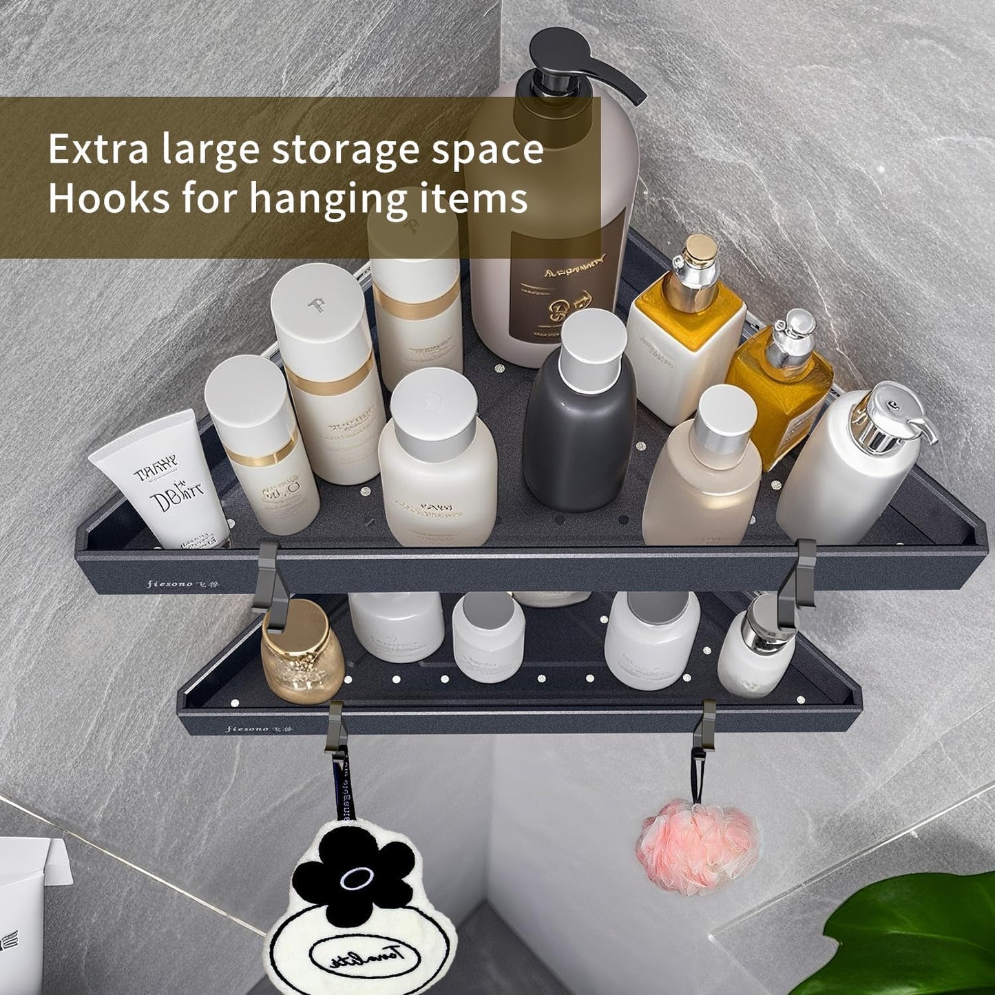 2-Tier Corner Shower Shelves with Hooks, Rustproof Metal Shower Corner Caddy Organizer for Bathroom Toilet Kitchen, Fast Drain and Space Saving