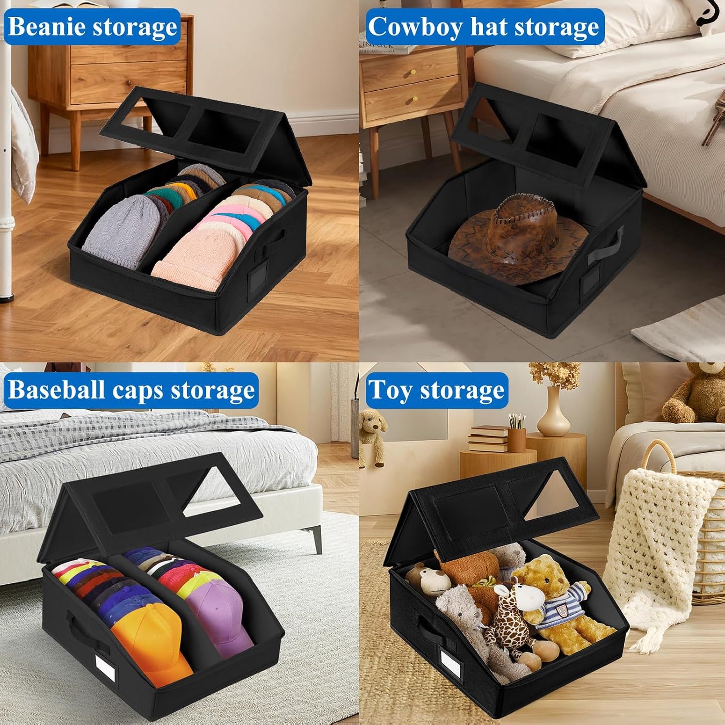 2 Pack Hat Storage for Baseball Caps-Holds Up to 48 Caps, Hat Organizer for Closet Stackable Hat Box with Cardboard, Dustproof Baseball Cap Organizer with 2 Handles for Home Travel (Black, 2Pack)