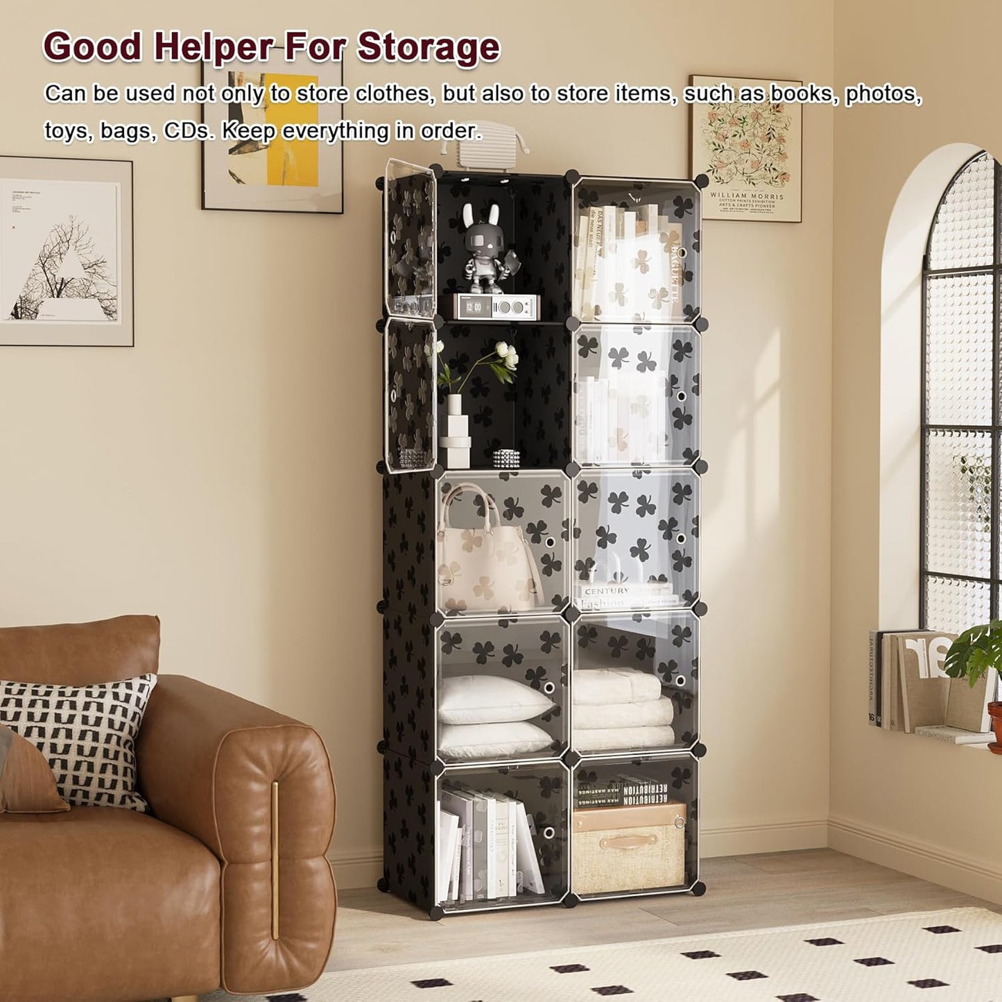 C&AHOME Cube Storage Organizer with Doors, 10-Cube Shelves, DIY Plastic Modular Bookshelf, Closet Clothes Storage Shelving Ideal for Bedroom, Living Room, Clover Embossed, Black