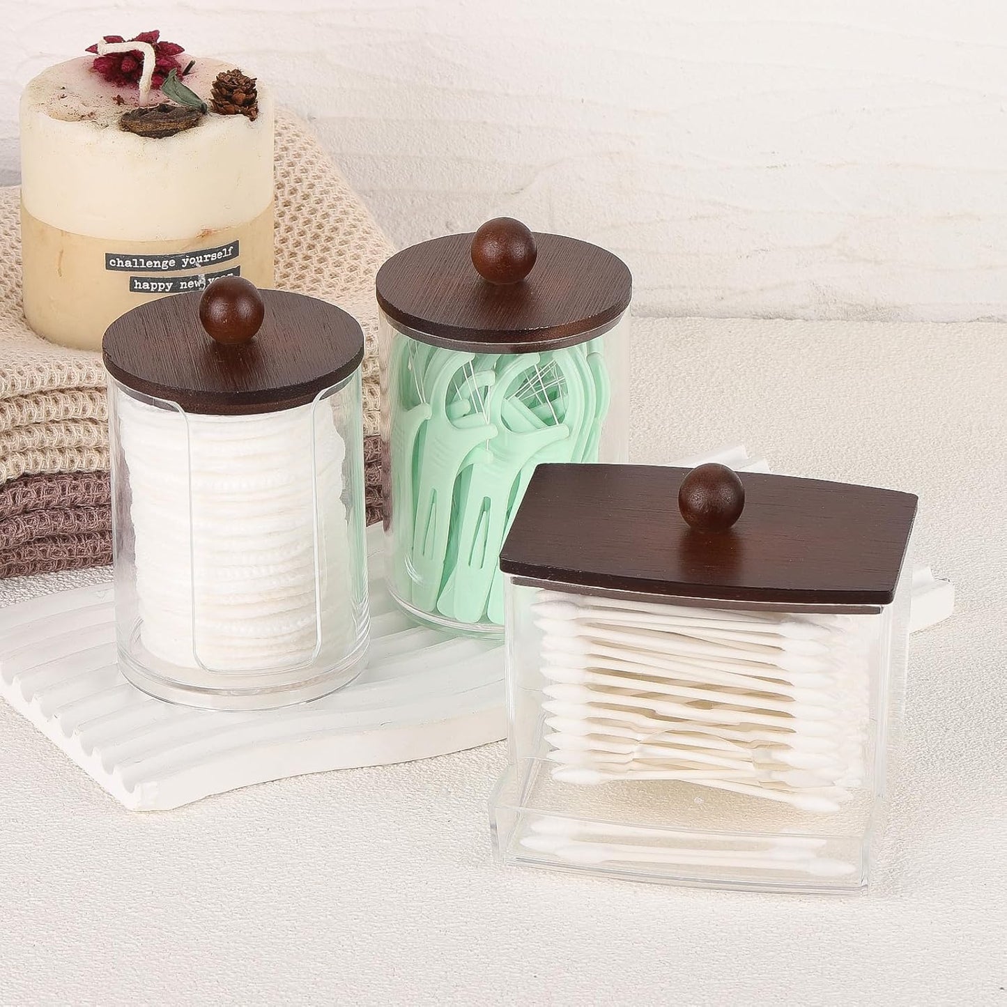 Tbestmax Bathroom Organizer Accessories Set-10 oz,7 oz Qtips Holder Storage with Bamboo Lids, Cotton Ball/Swabs Dispenser, Apothecary Jar 3 Pcs