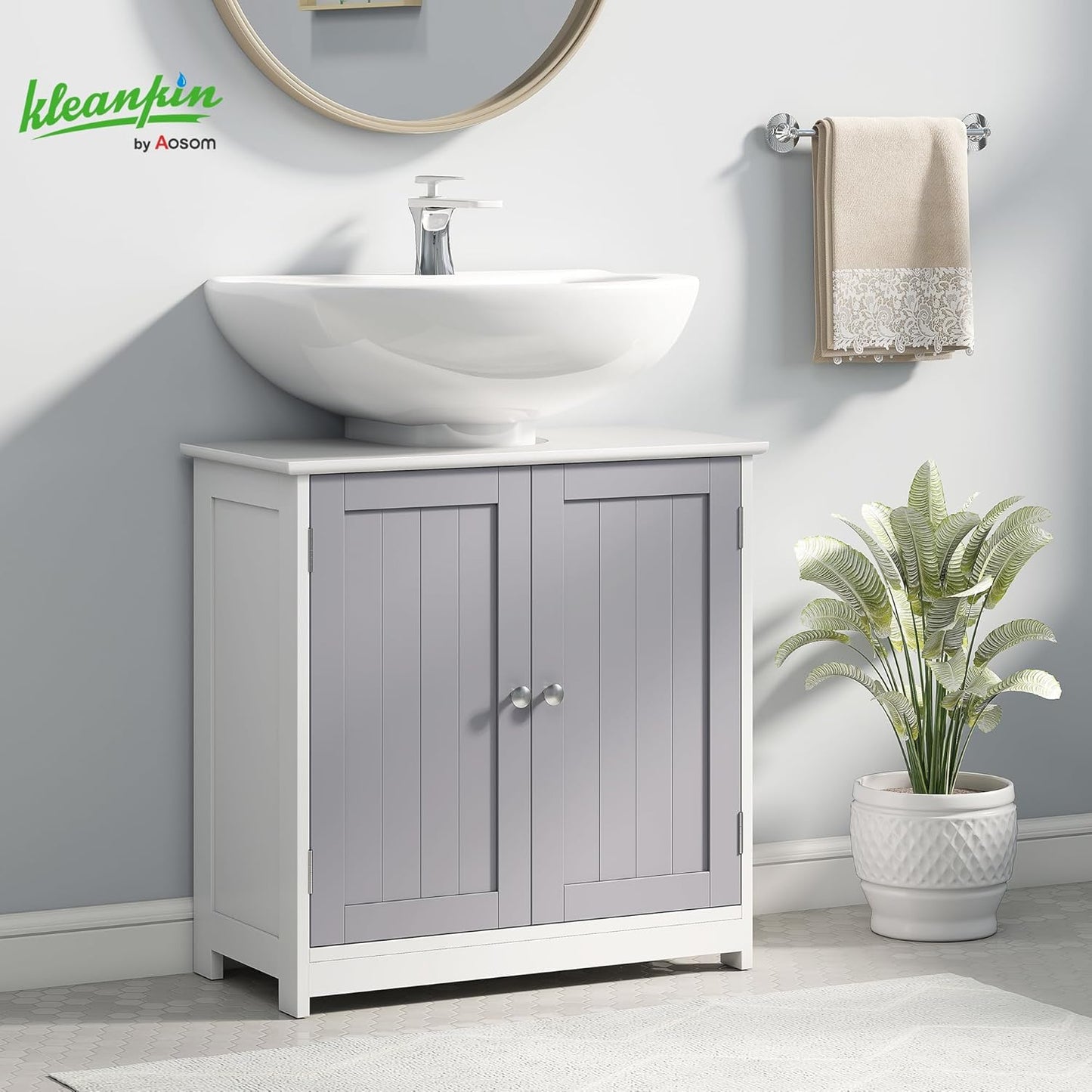 kleankin 23.5" Pedestal Sink Storage Cabinet, Freestanding Bathroom Under Sink Cabinet with U-Shape Cut-Out and Adjustable Shelf, White and Gray