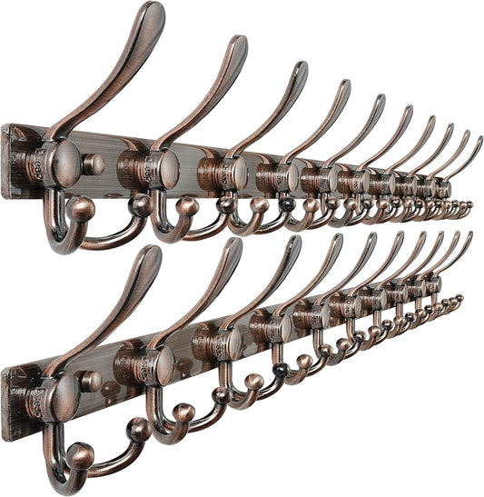 Dseap MaxStrong 2.0 Coat Rack Wall - 37” Long 10 Tri Hooks - Ultra Heavy-Duty Stainless Steel Wall Mount Coat Hanger, Hook Rail for Clothes Hats Jacket Towels Antique Copper, Pack of 2